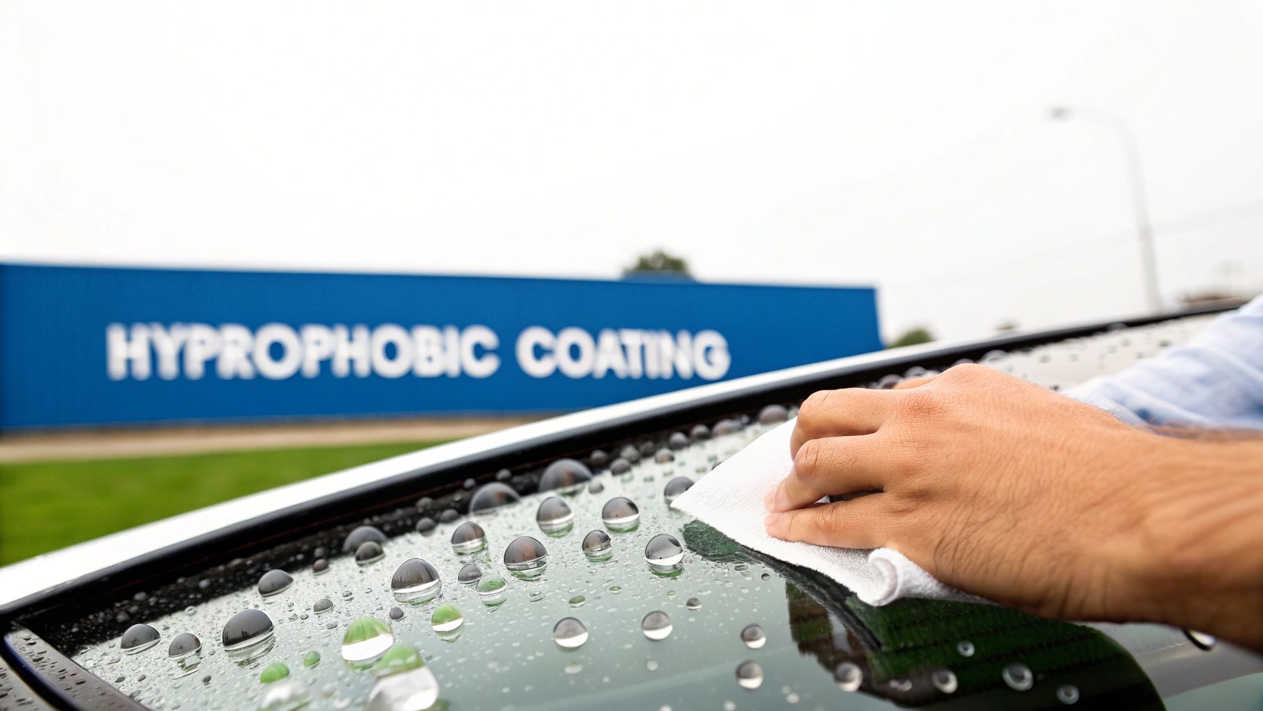 A hand wipes water droplets from a car windshield treated with a hydrophobic coating, with a 'Hydrophobic Coating' sign in the background.