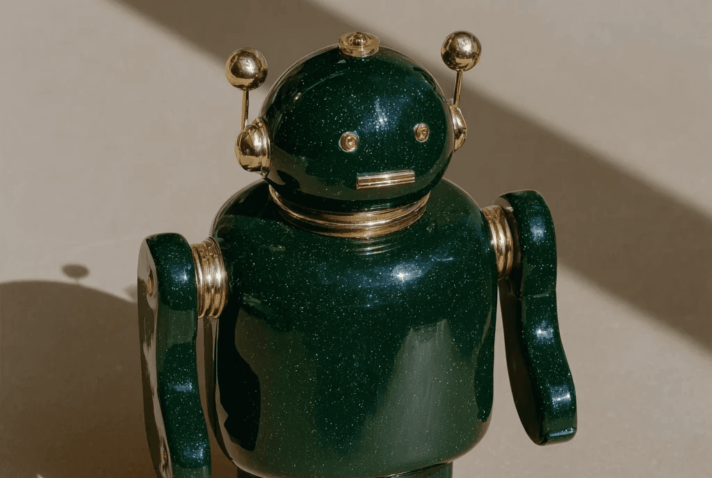 A vintage-style robot with a dark green, speckled body and shiny gold accents, evoking a sophisticated digital product.