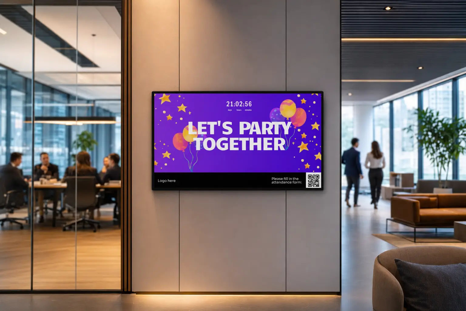 Office digital signage displaying internal communication dashboards and performance metrics in a modern meeting room.
