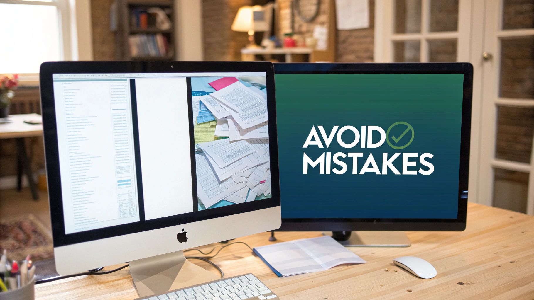 Two computer monitors on a wooden desk, one displaying 'AVOID MISTAKES' and the other documents.