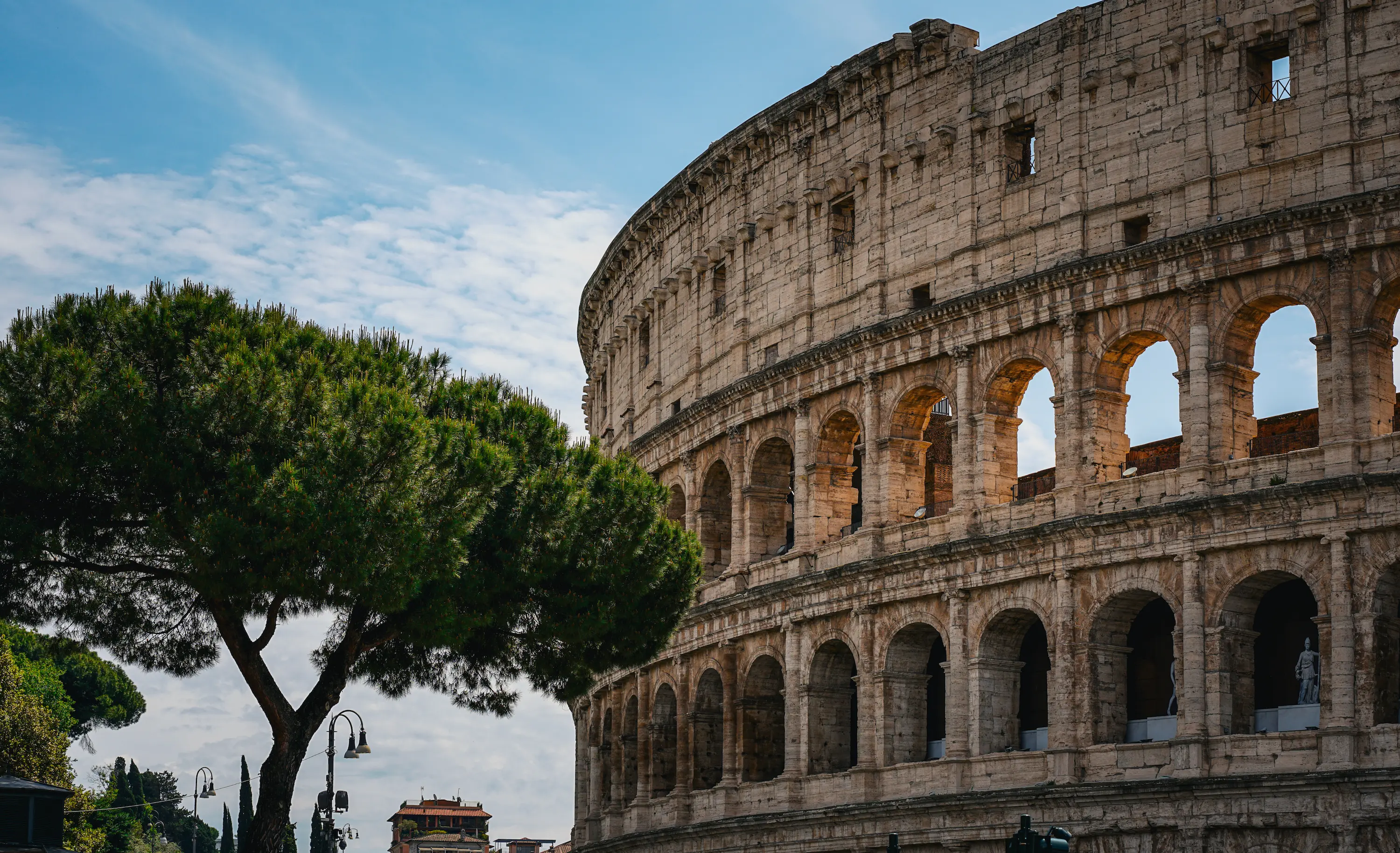 Vue extérieure du Colisée à Rome, encadré par un grand pin parasol sous un ciel partiellement nuageux