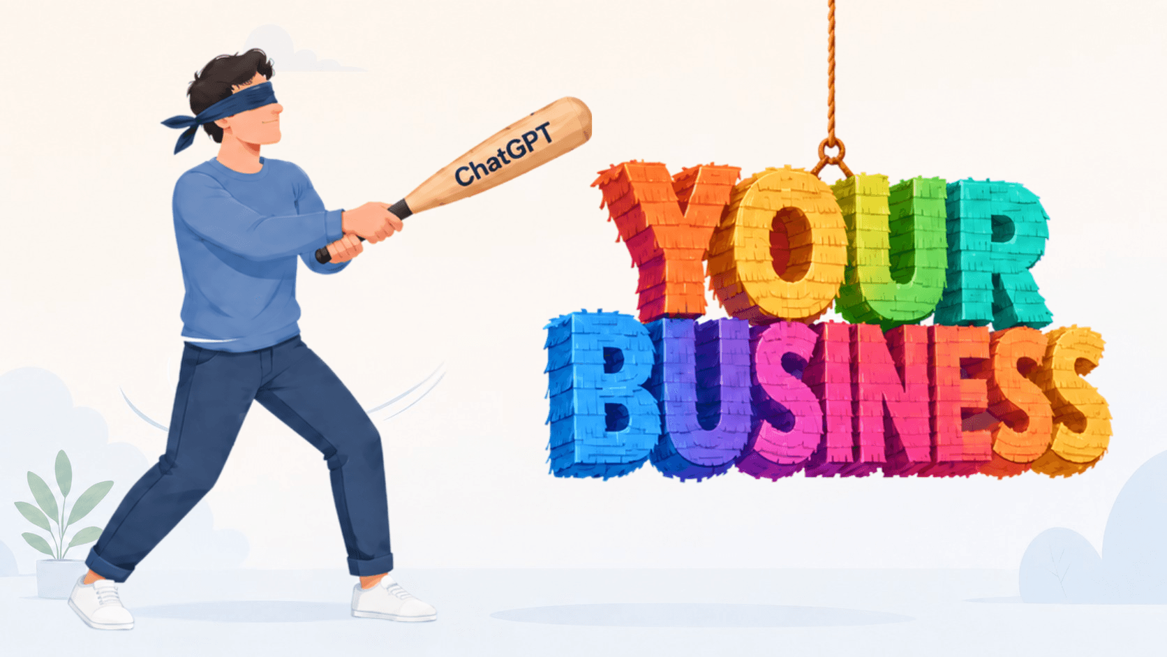 Blindfolded customer with a bat labeled “ChatGPT” aiming at a colorful “Your Business” piñata, representing uncertainty in how AI interprets a business online.