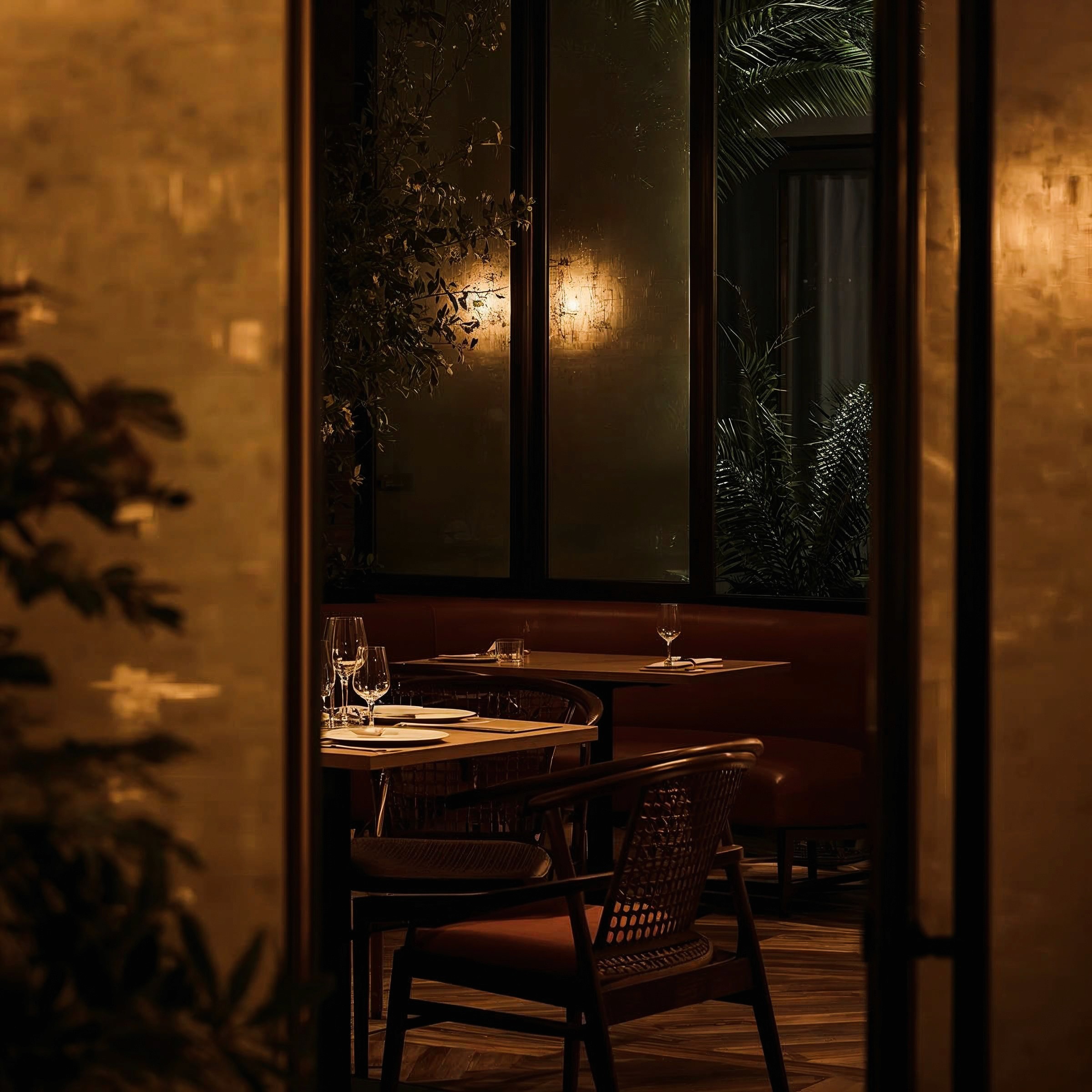 Cozy cafe corner with a round terrazzo table surrounded by wooden chairs, decorated with potted plants and a large mirror reflecting warm light.