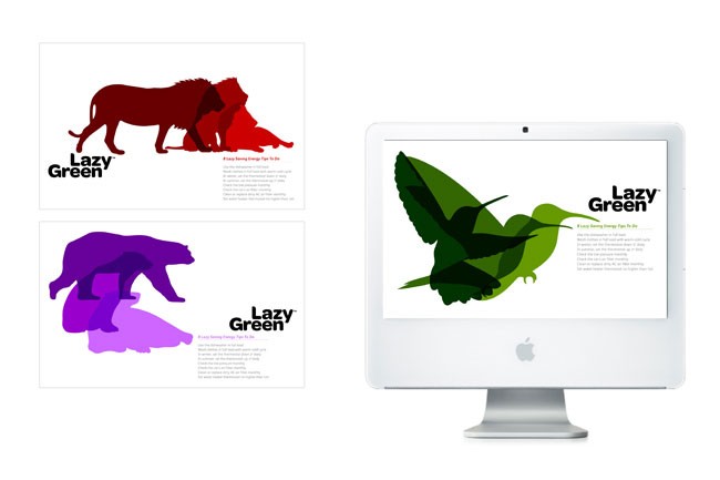 The image displays two versions of the "Lazy Green" branding: a physical poster and a digital mockup. The poster features red and purple lion silhouettes with the text "Lazy Green" below them. A smaller purple bear silhouette appears below. The digital mockup shows a white Apple iMac computer screen with a green bird silhouette and the text "Lazy Green" below it. Both versions include placeholder text under the graphics.