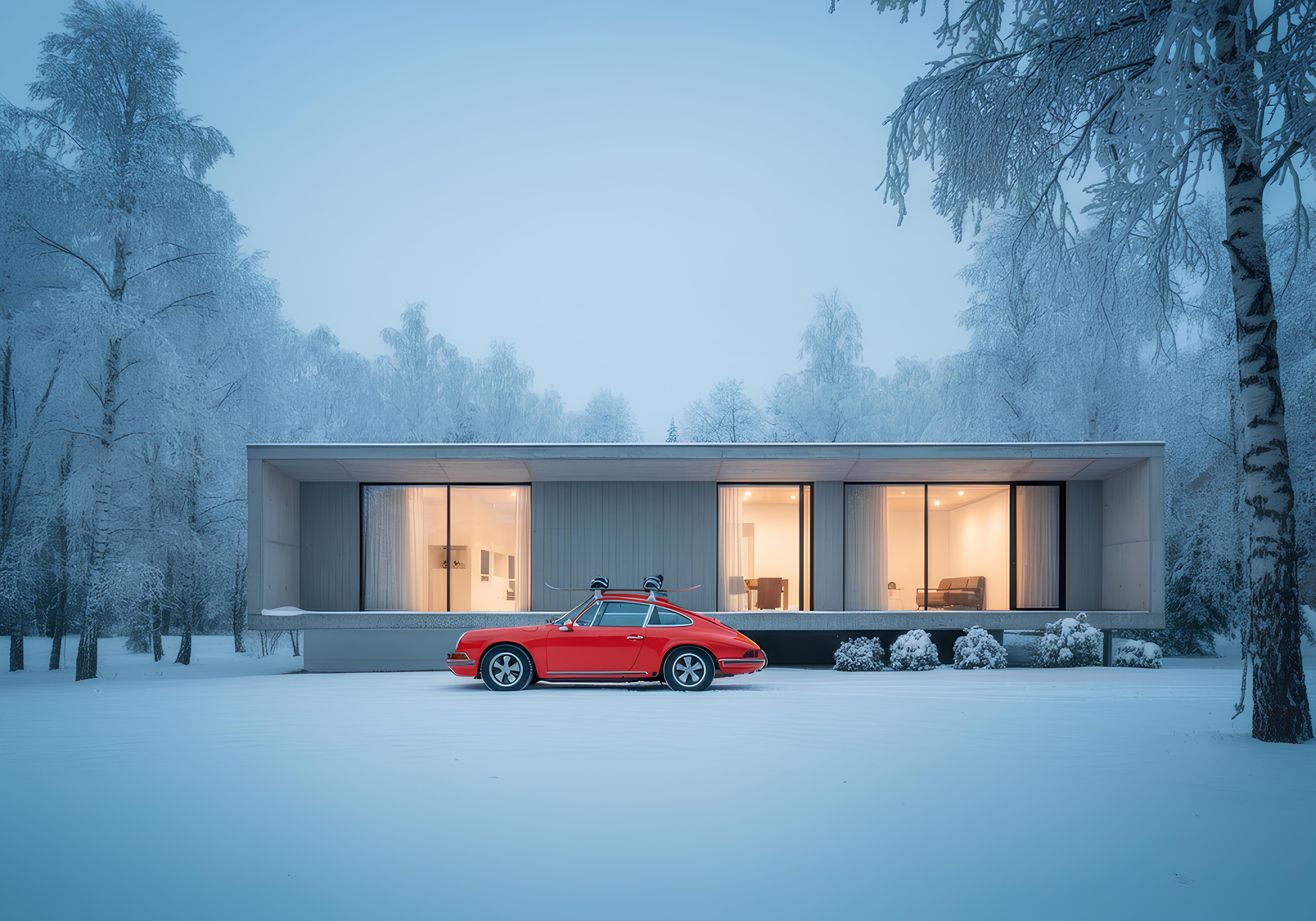 Modern, minimalistic house in a snowy forest with large windows aglow. A red vintage car is parked in front, contrasting with the serene winter scene.
