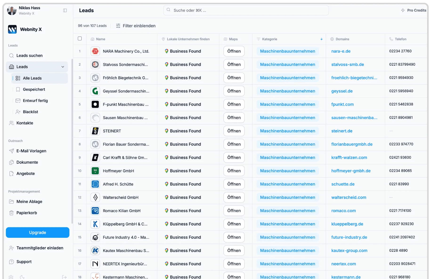 Webnity X Lead-Übersicht: 107 B2B-Kontakte aus dem Maschinenbau mit Firmendomain und Telefon – KI-gestützte Lead-Software für Agenturen
