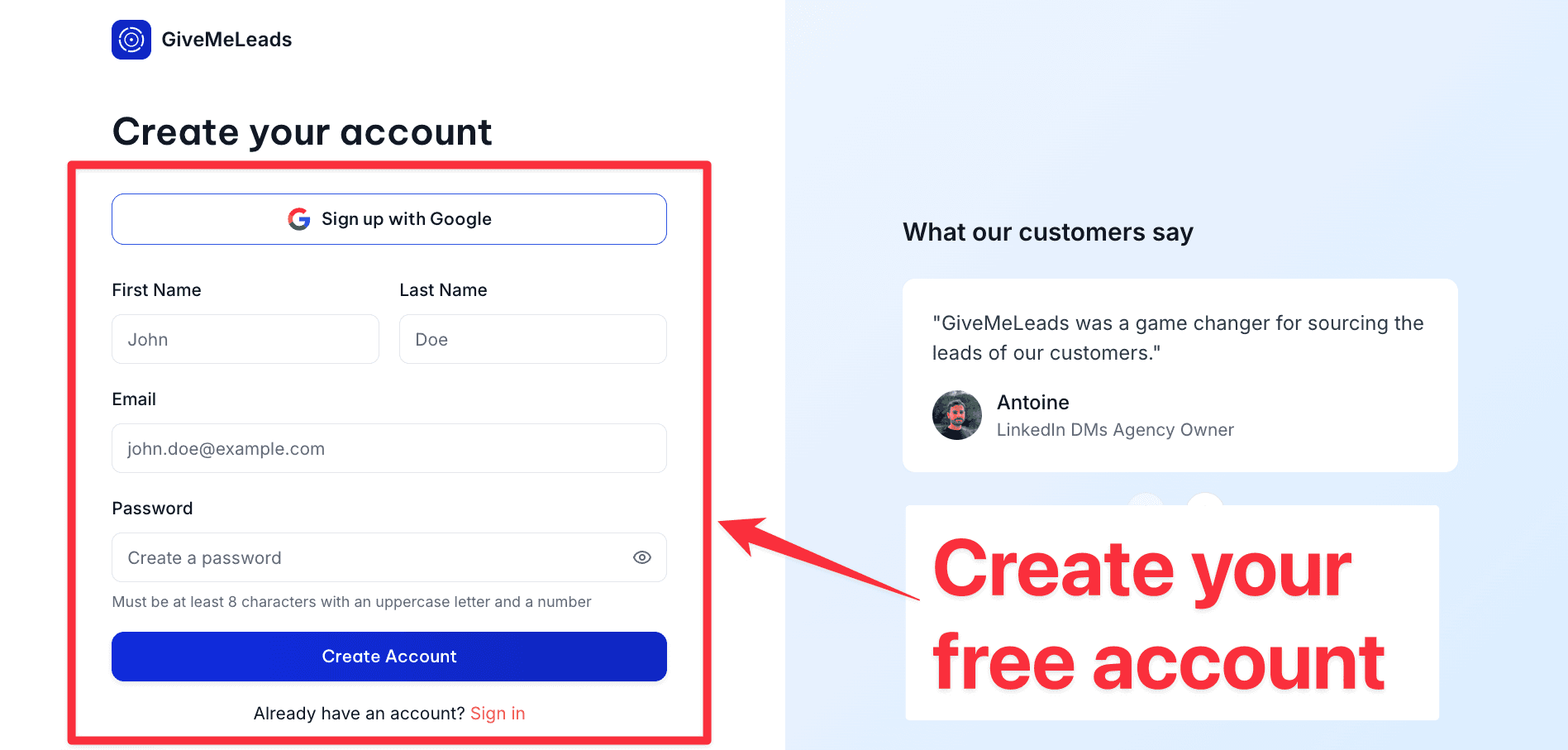 Create a GiveMeLeads account