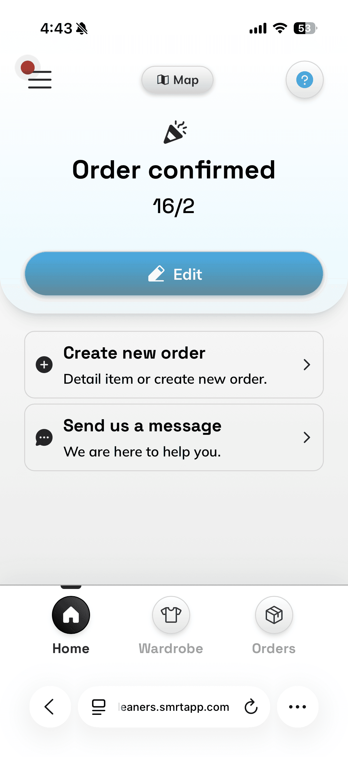 Eclo SMRT app interface showing upcoming and active dry cleaning orders