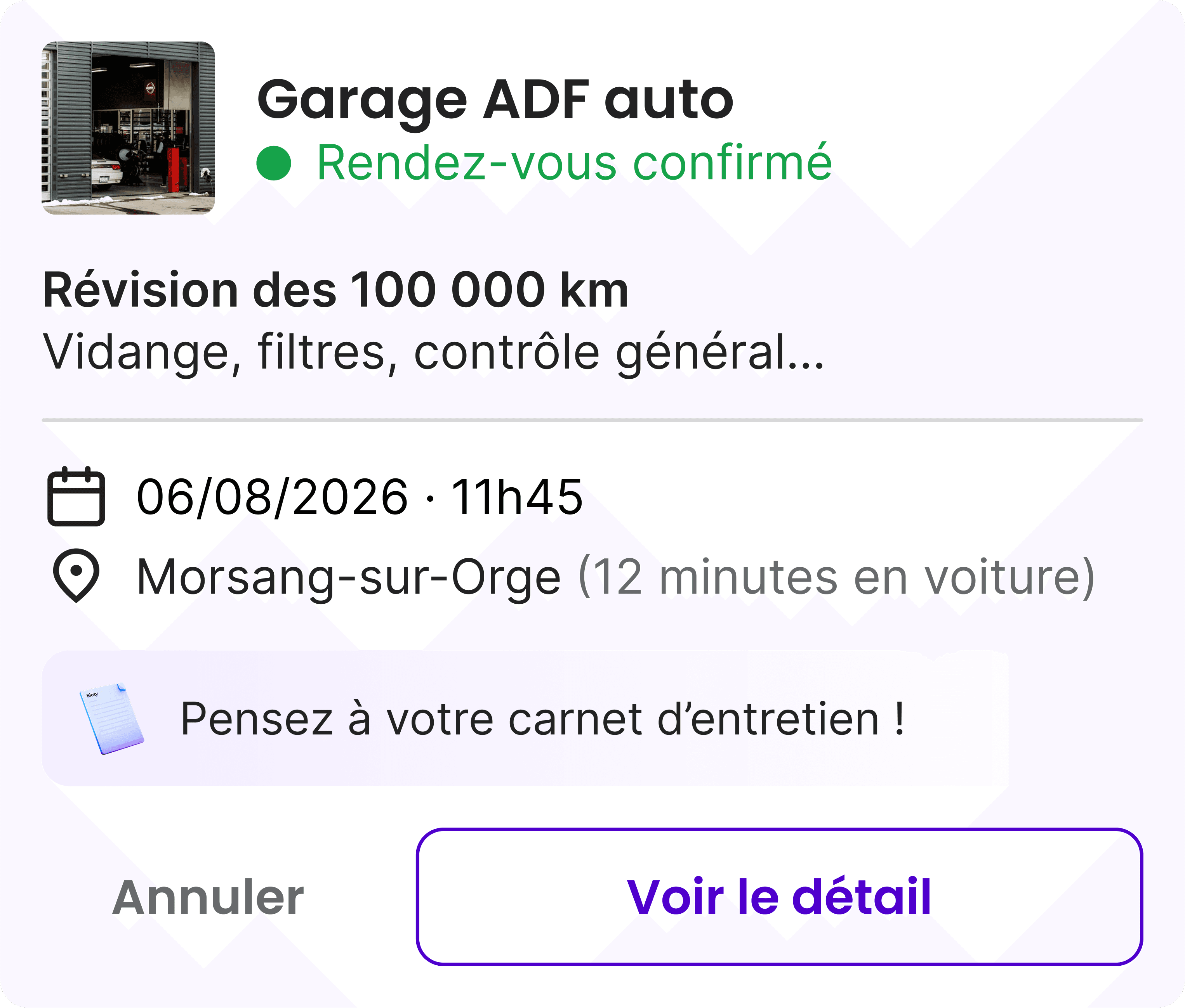 Sloty rendez-vous garage véhicule