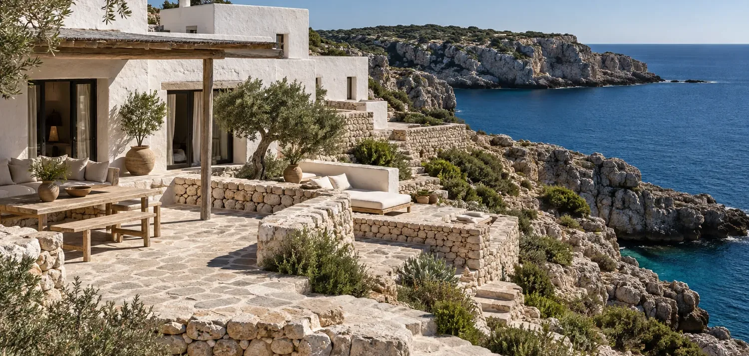 The house seen from the rocks, whitewashed flat roofs above the sea