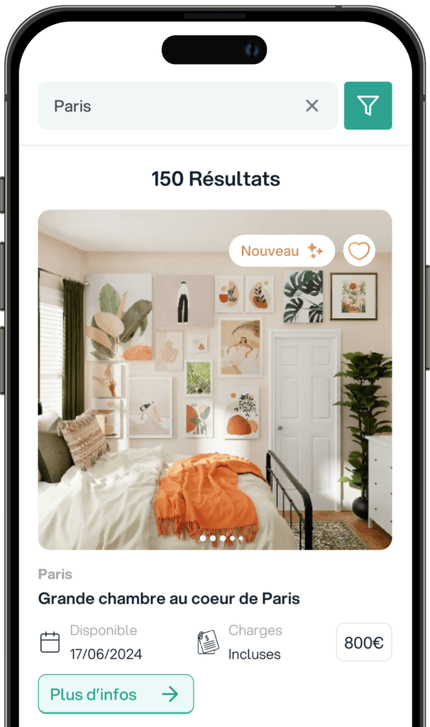 Capture d'écran de l'application Coloco sur iPhone, montrant 150 résultats pour une recherche de colocation à Paris. L'annonce affichée présente une 'Grande chambre au cœur de Paris' avec des détails tels que la disponibilité le 17/06/2024, les charges incluses, et un loyer de 800€. L'image de la chambre montre un intérieur décoré avec des affiches murales et des plantes. Un bouton 'Plus d'infos' est visible en bas de l'annonce.