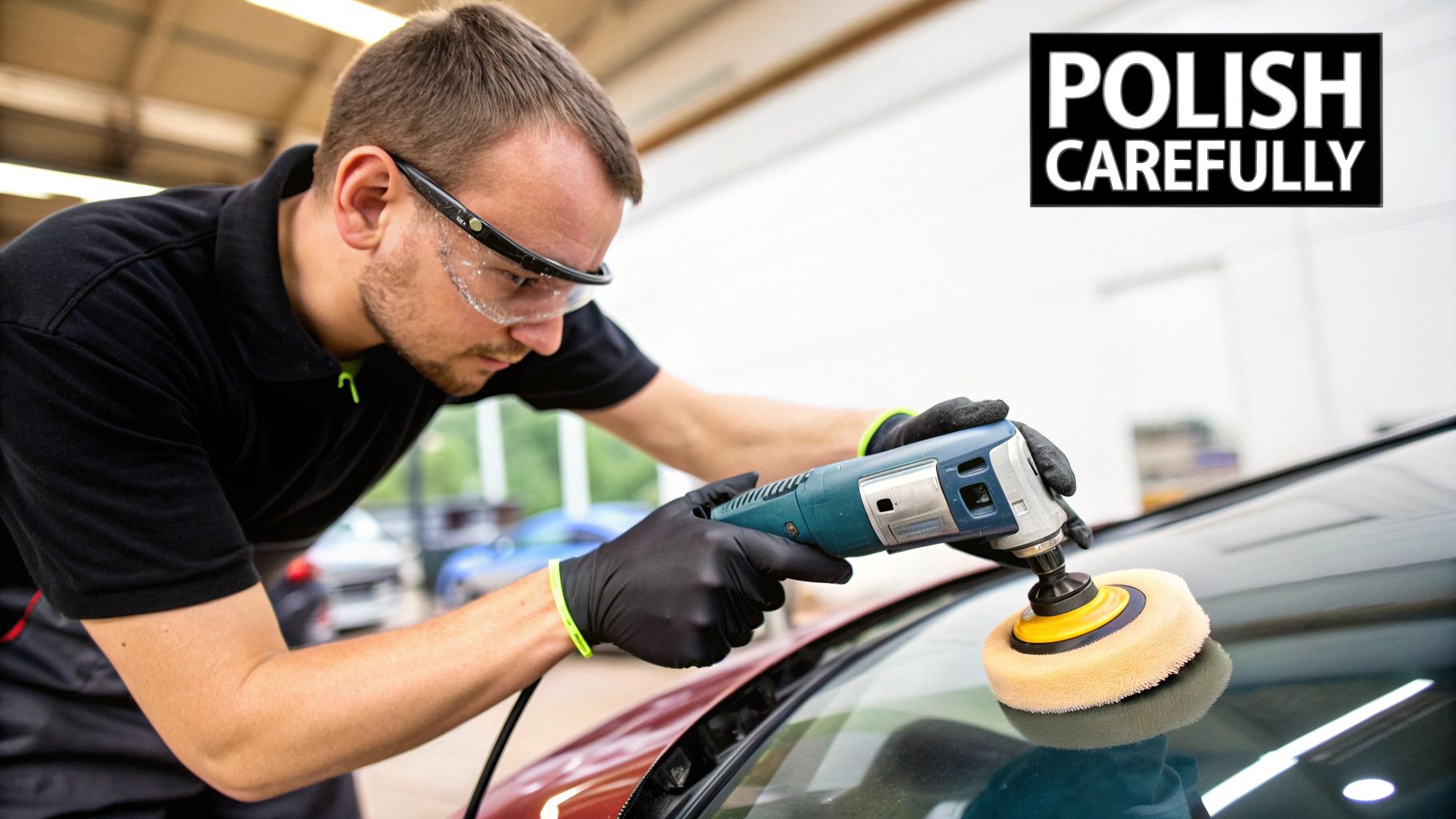 A man in safety glasses and gloves polishes a car's windshield with a machine, text says 'POLISH CAREFULLY'.