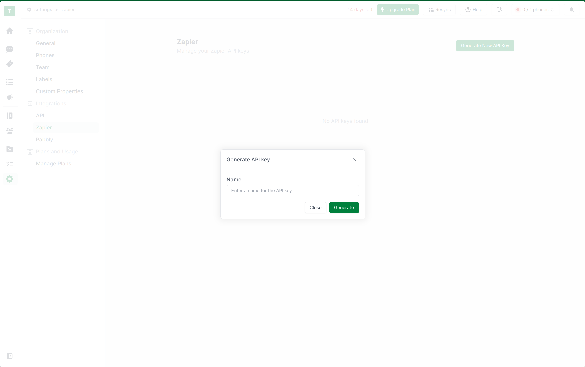 Periskope Zapier settings for generating an API key
