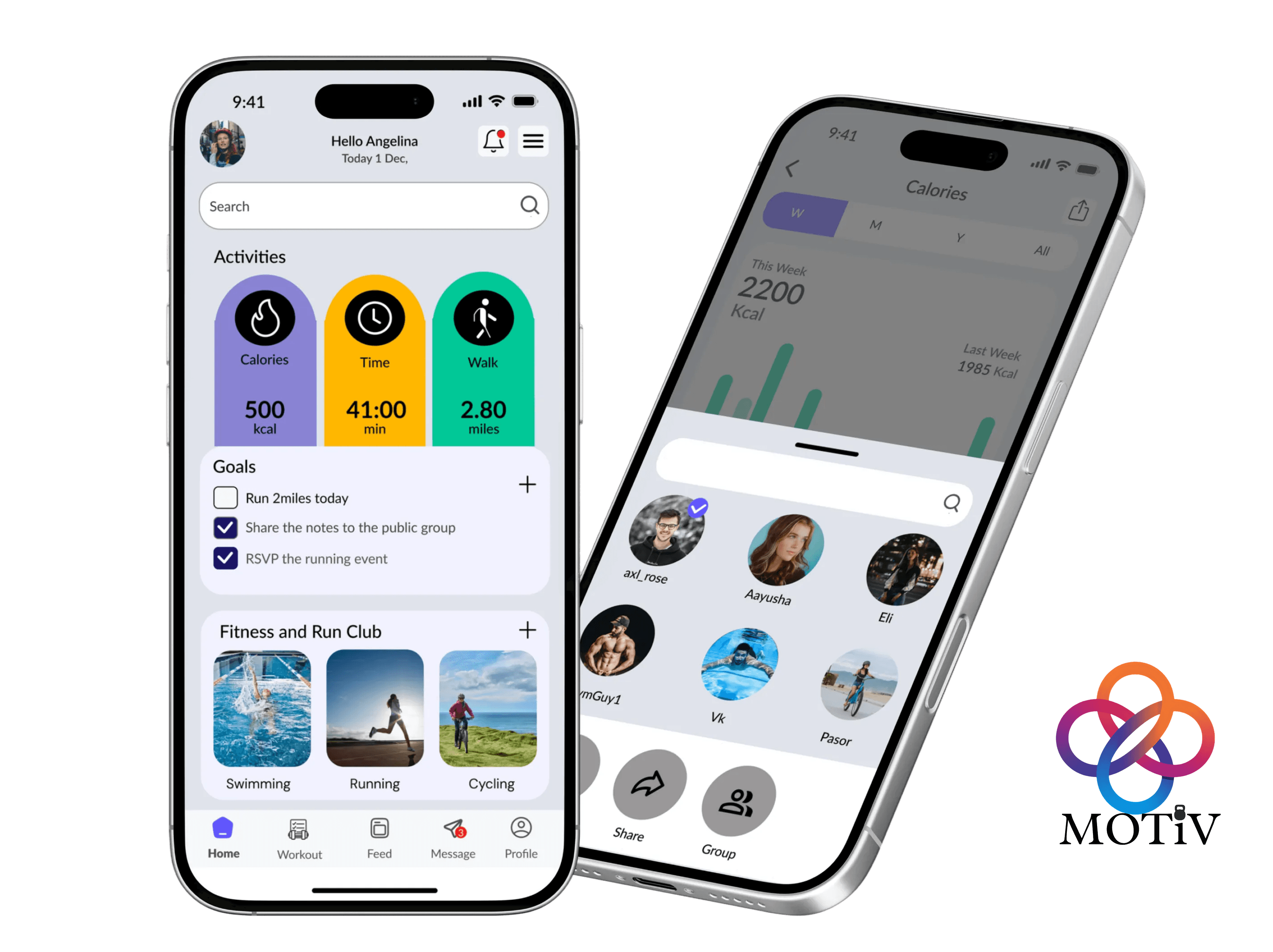 Motiv fitness app UI showing the social activity feed and user progress tracking stats.