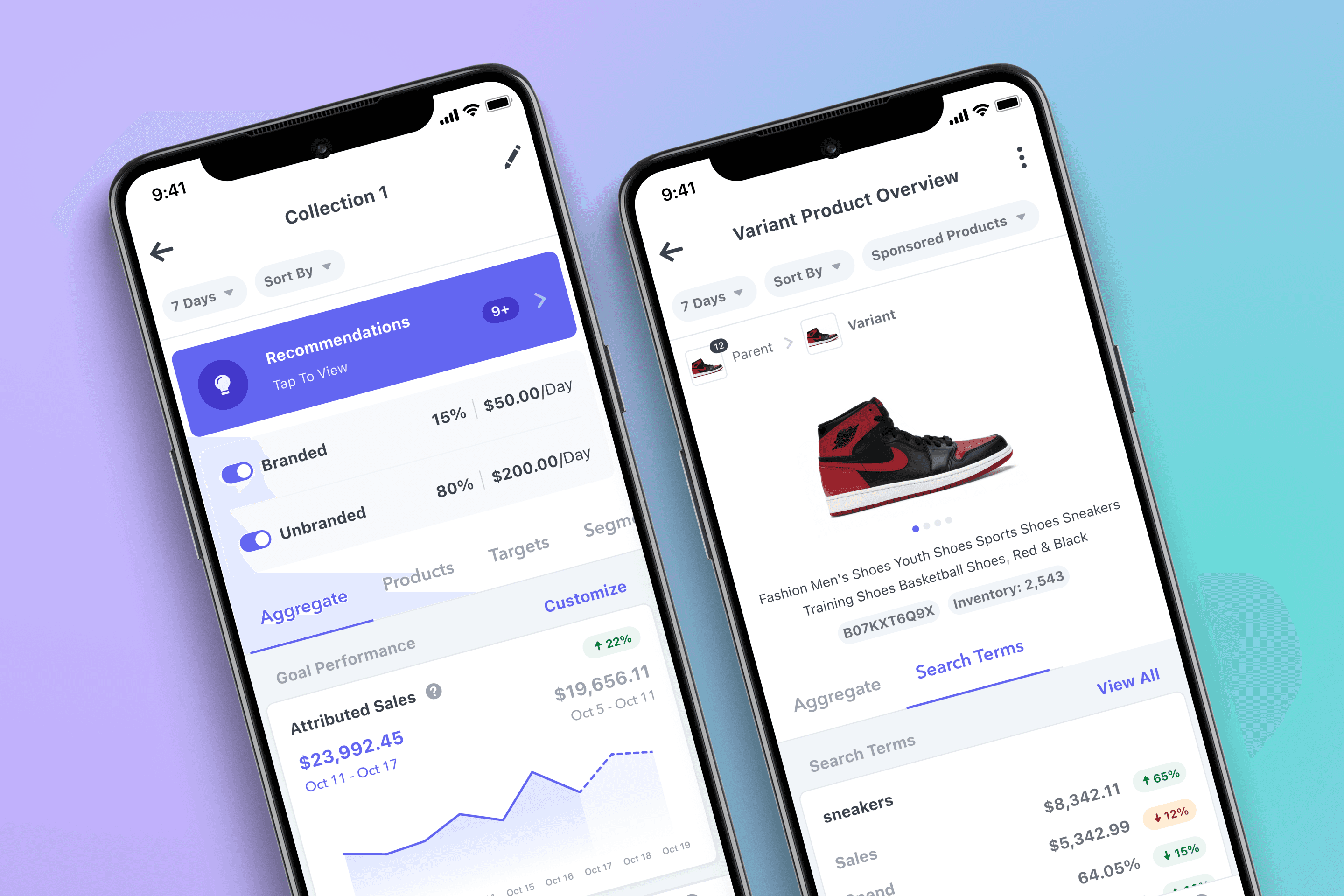 Perpetua mobile UI featuring product performance screens