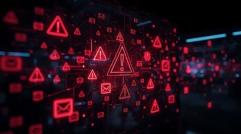 Red alert symbols and warning icons spreading across a digital network, representing firewall compromise and widespread cyber intrusion.