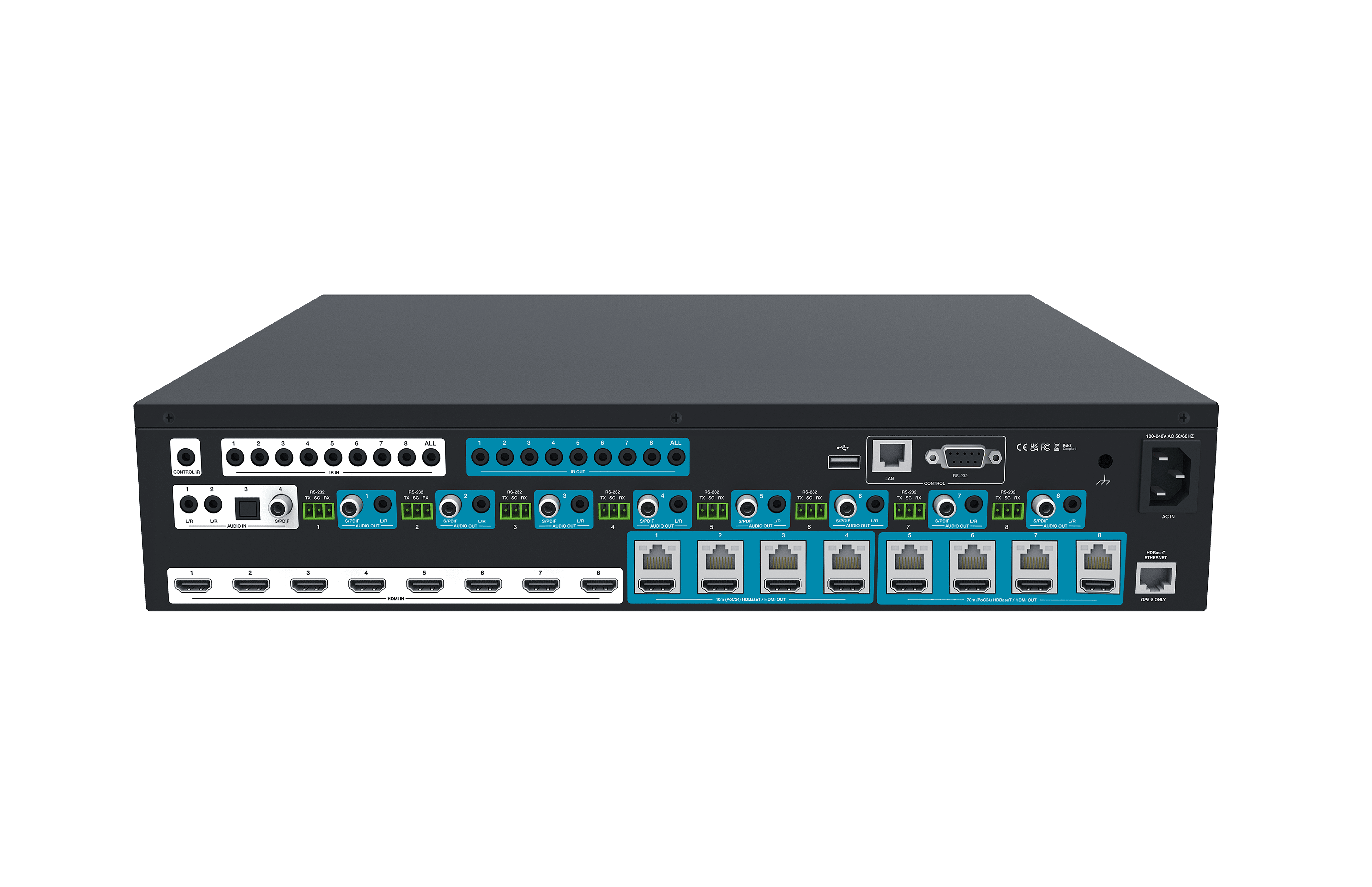 Black AV receiver with multiple HDMI and Ethernet ports.