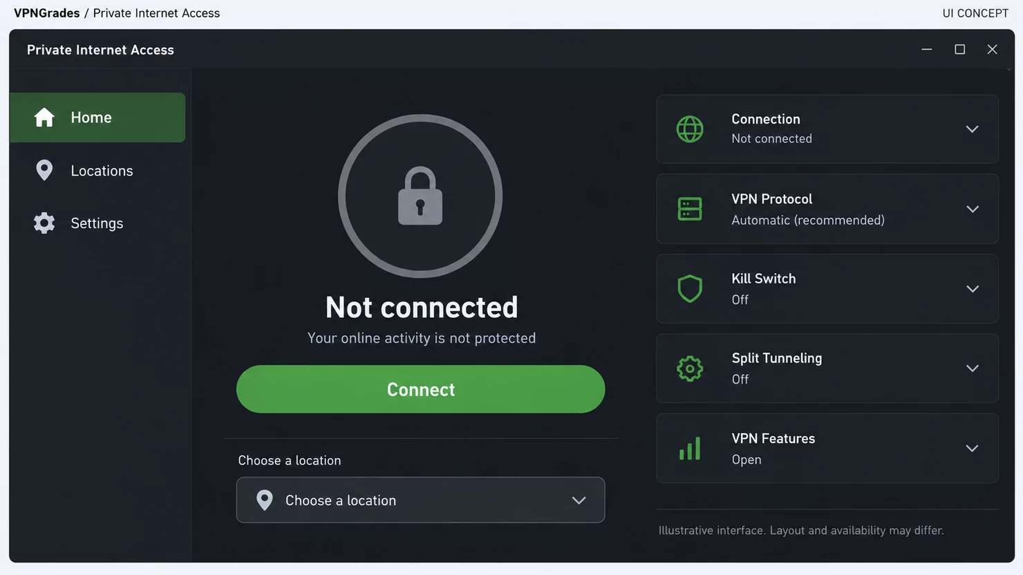 Private Internet Access: a desktop connection interface (illustration).