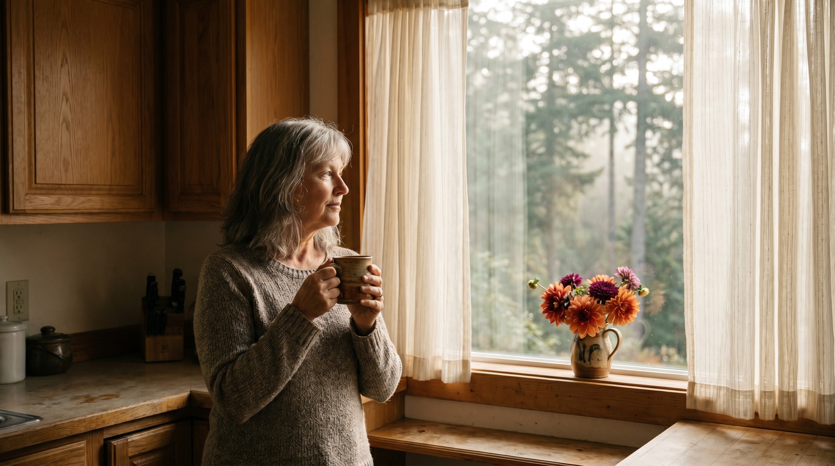 Older woman holding coffee at a sunlit kitchen window in a Pacific Northwest home, thoughtful candid moment