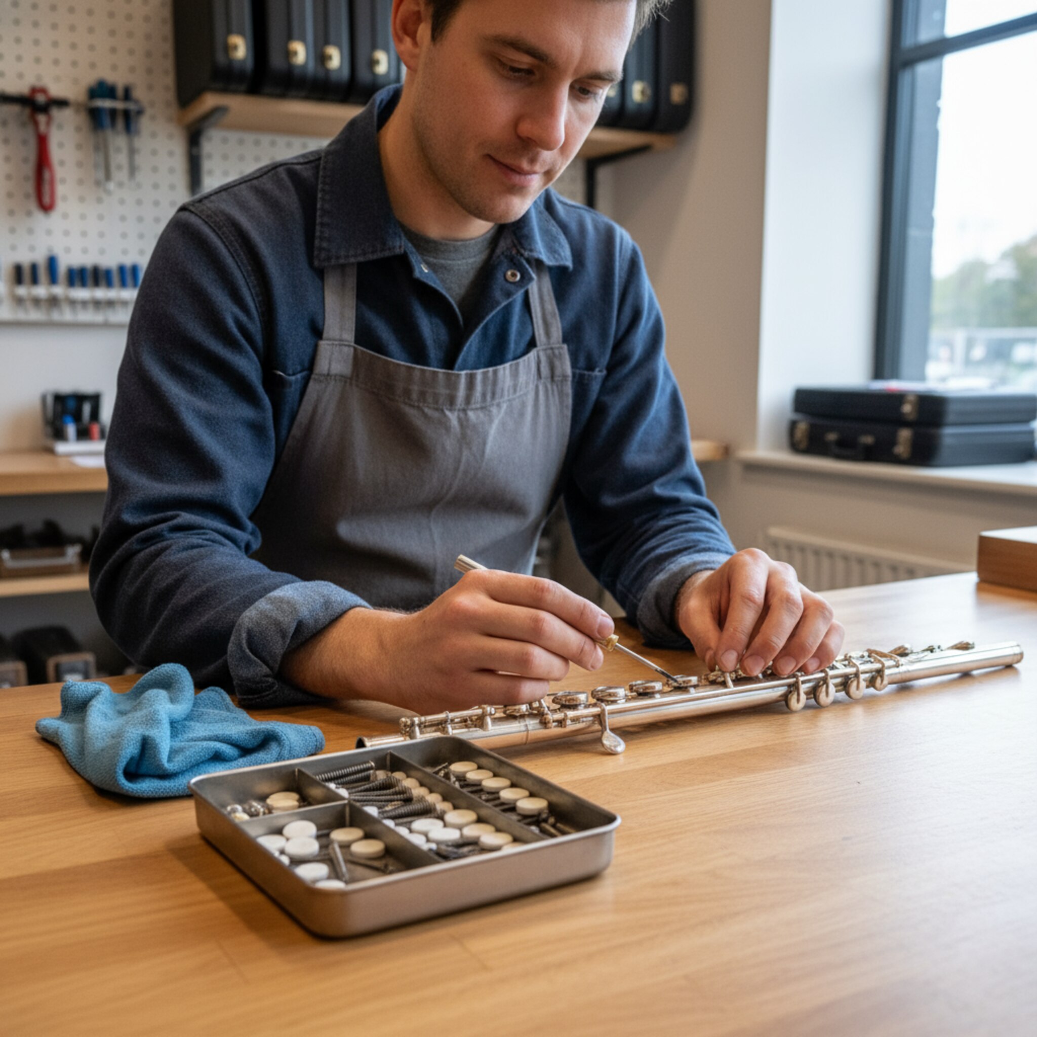 Auf einer Theke liegt ein geöffnetes Blasinstrument, daneben ein weiches Tuch und kleine Ersatzteile. Eine Person prüft sorgfältig Klappen und Polster. Sanftes Licht betont die Metalloberflächen. Es ist ein präziser, ruhiger Moment, der Sorgfalt und Nachvollziehbarkeit spürbar macht.