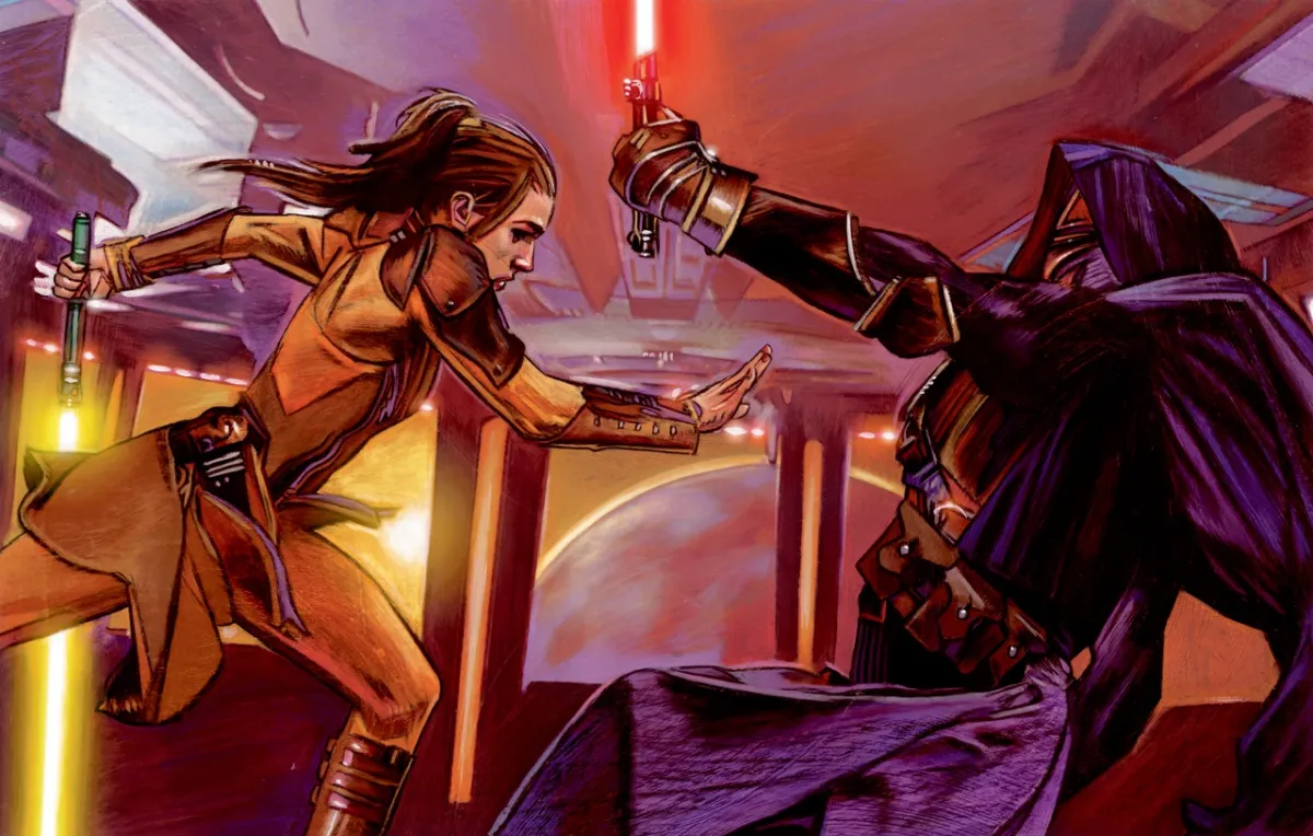 An artistic rendering of Bastila Shan with a yellow lightsaber fighting Darth Revan in his Mandalorian mask holding a yellow lightsaber