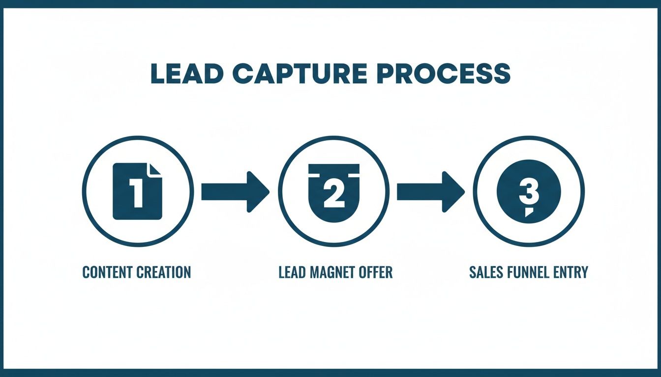A three-step diagram illustrating the lead capture process: content creation, lead magnet offer, sales funnel entry.