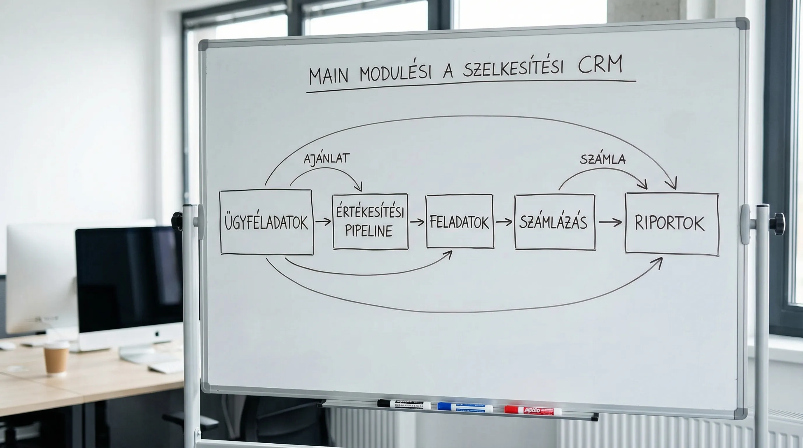 Egy egyszerű ábra, amely egy kisvállalkozás CRM rendszerének fő moduljait mutatja: ügyféladatok, értékesítési pipeline, feladatok, számlázás, riportok. A modulok nyilakkal kapcsolódnak egymáshoz, jelezve az ajánlattól a számláig tartó folyamatot.