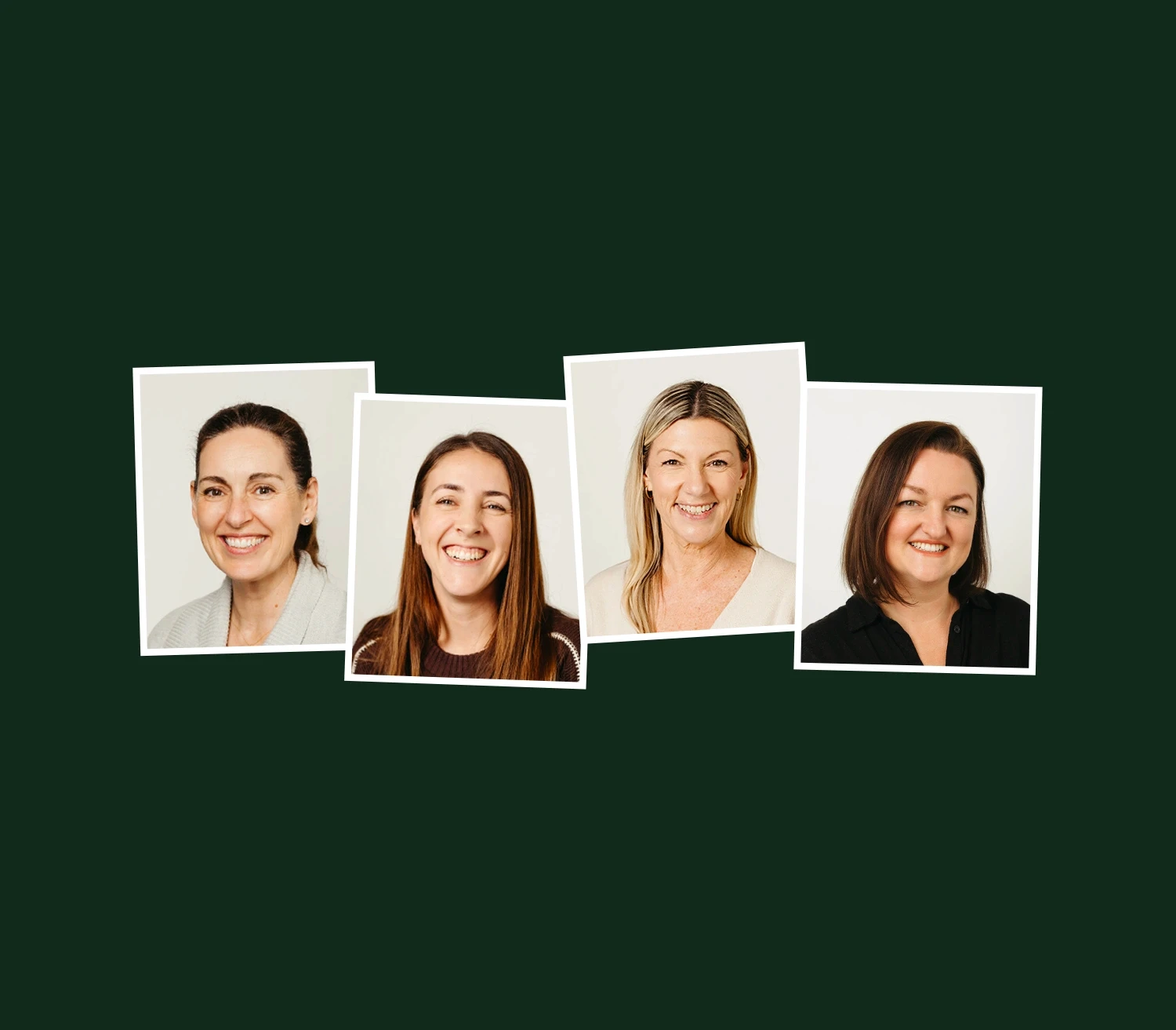 A polaroid style collage of headshots of the No Nits team on a green background