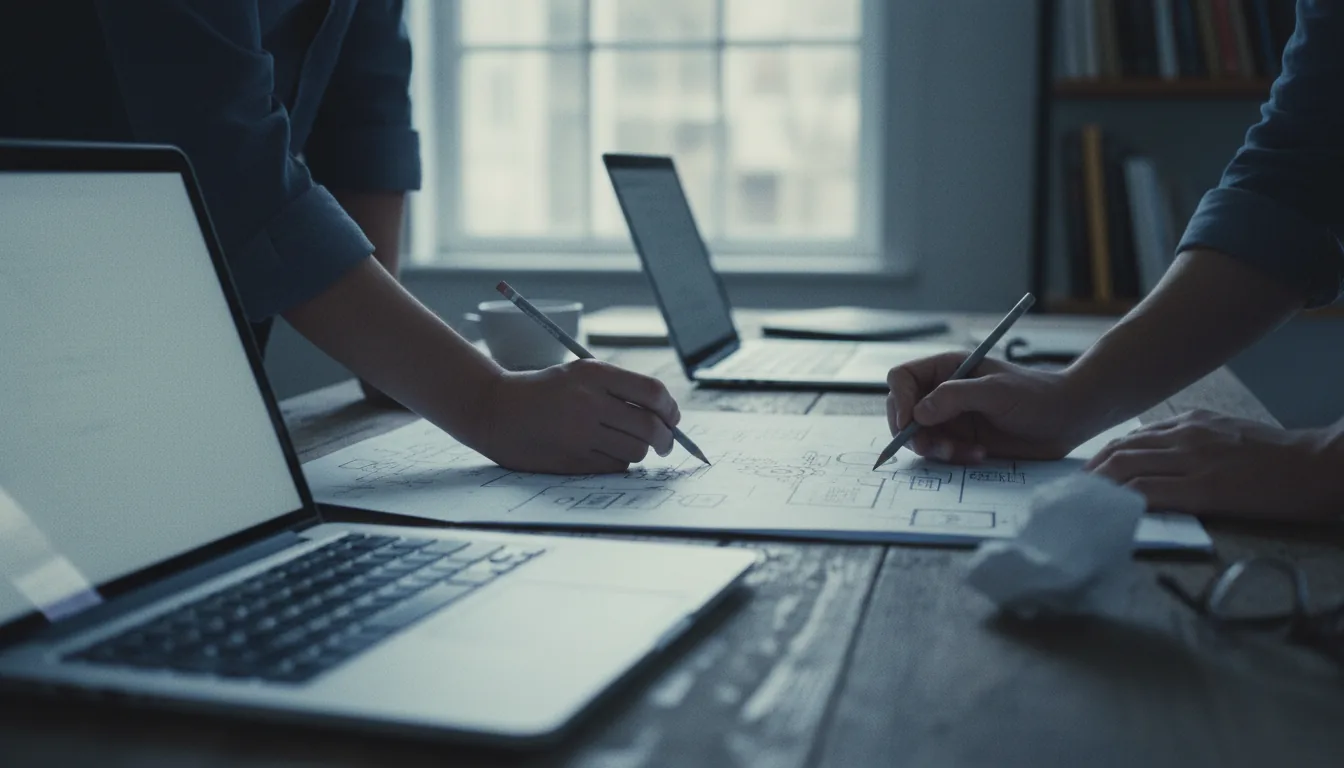 DSLR photography, medium close-up shot of a collaborative work session at a textured wooden desk. The central focus is on the hands of two people sketching intricate technical diagrams on a sheet of paper with pencils. Two silver laptops are open on the desk, one in the foreground is softly blurred. The scene is illuminated by soft, natural daylight with a cool, slightly desaturated color grade and a noticeable fine film grain. Shallow depth of field with the background out of focus.