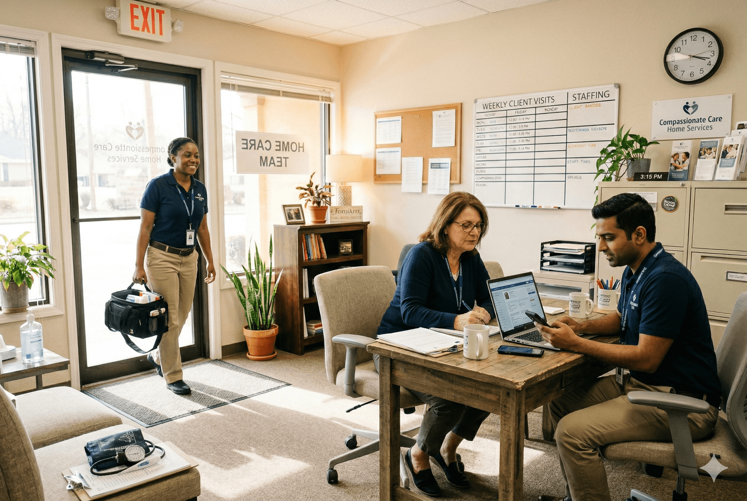 A small home care agency office with one owner operator and one coordinator reviewing client intake notes on a laptop and smartphone, while a caregiver heads out the door to visit a client, warm natural light, modern but modest workspace, diverse team, subtle healthcare details in the background. Shot on Fujifilm X T4, aspect ratio 3:2