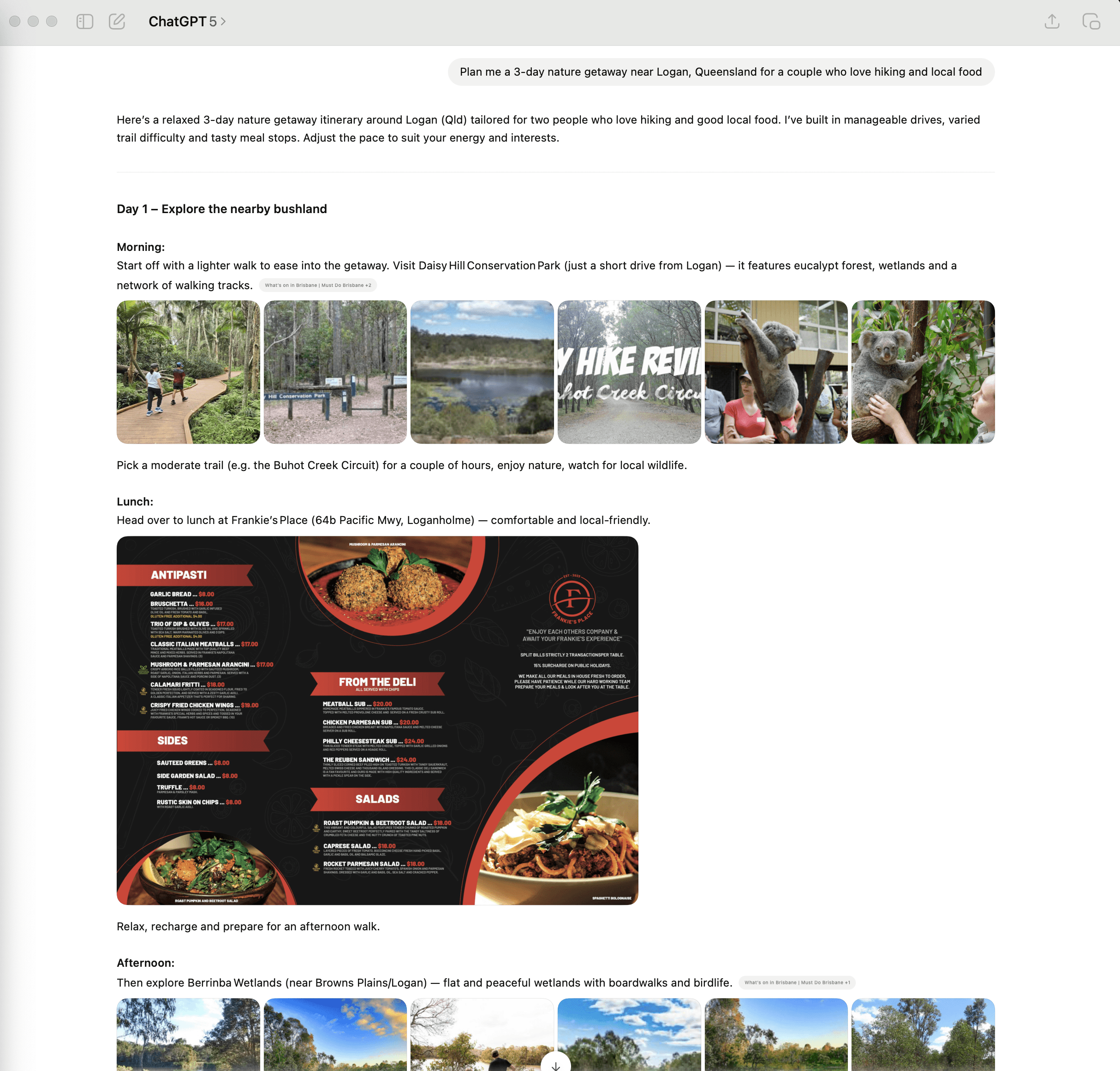 ChatGPT Response to "Plan me a 3-day nature getaway near Logan, Queensland for a couple who love hiking and local food"