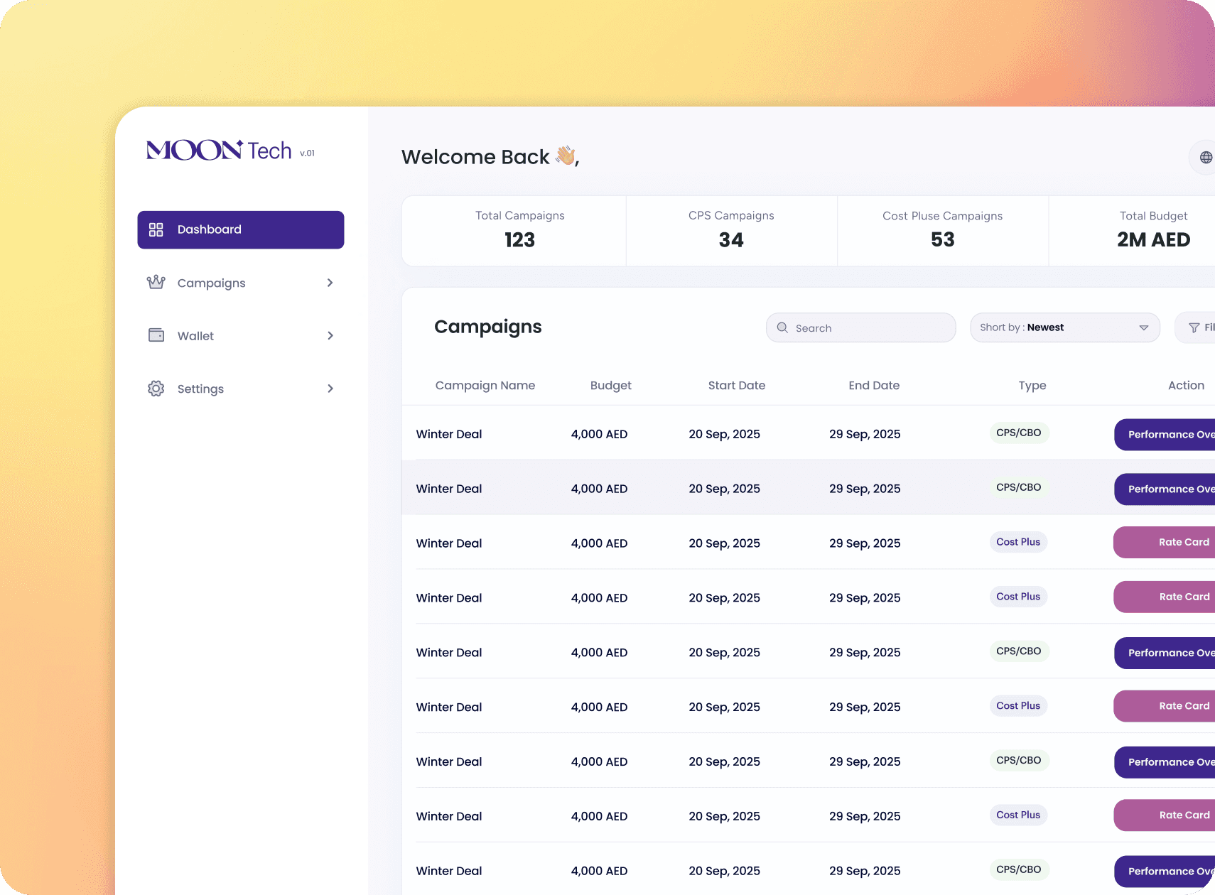 Track your brand campaign performance from MoonTech for brands app