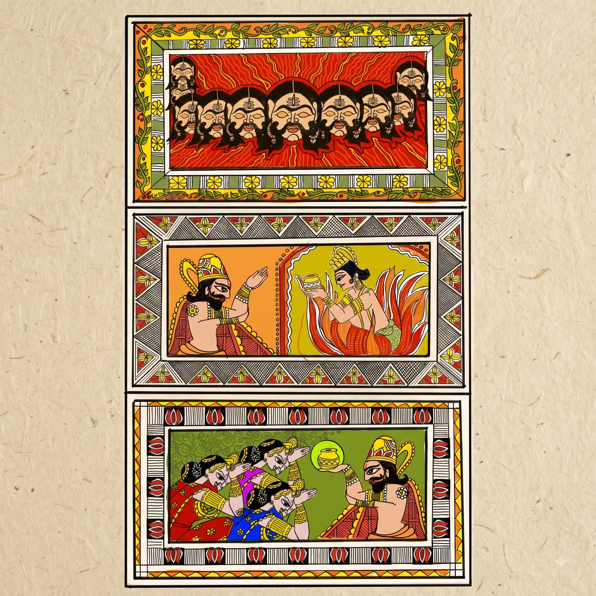 Madhubani-inspired illustration from Valmiki Ramayan Demystified — Ravana