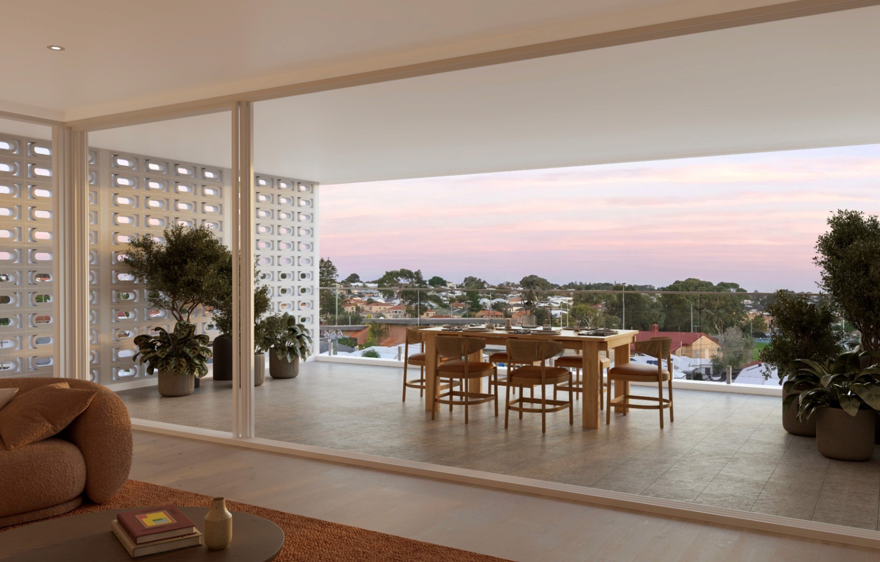 Spacious outdoor balcony with dining area overlooking Scarborough neighbourhood, designed for relaxed coastal living