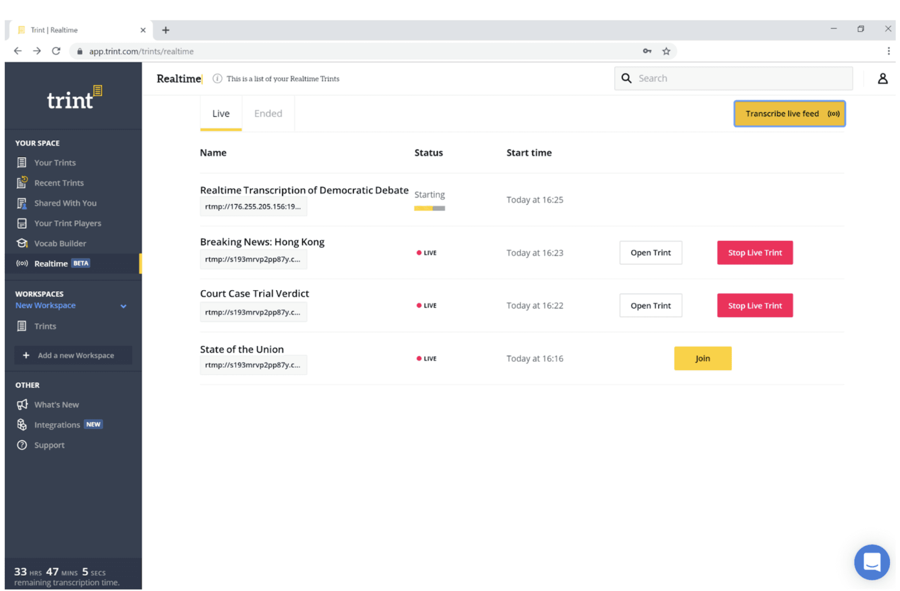 Trint tool screenshot