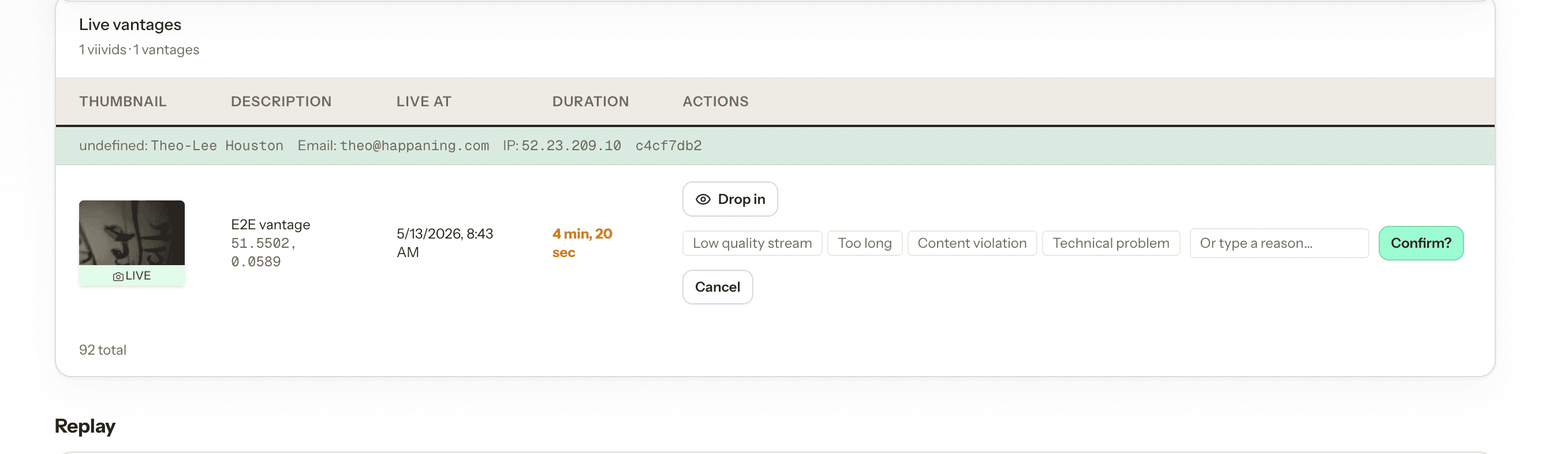 Terminate flow with reason chips and Confirm button