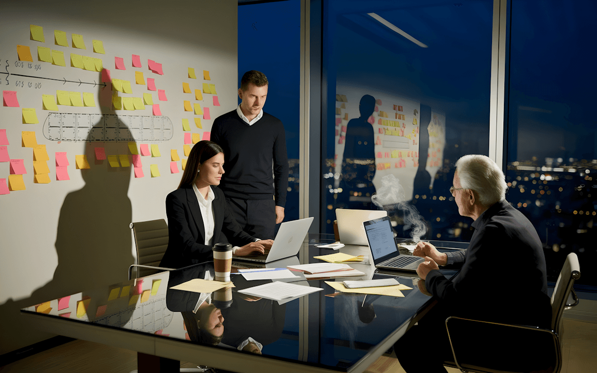 Teamwork in a modern office at night, with laptops, sticky notes, and a city view. A mix of focus, collaboration, and a casual atmosphere.