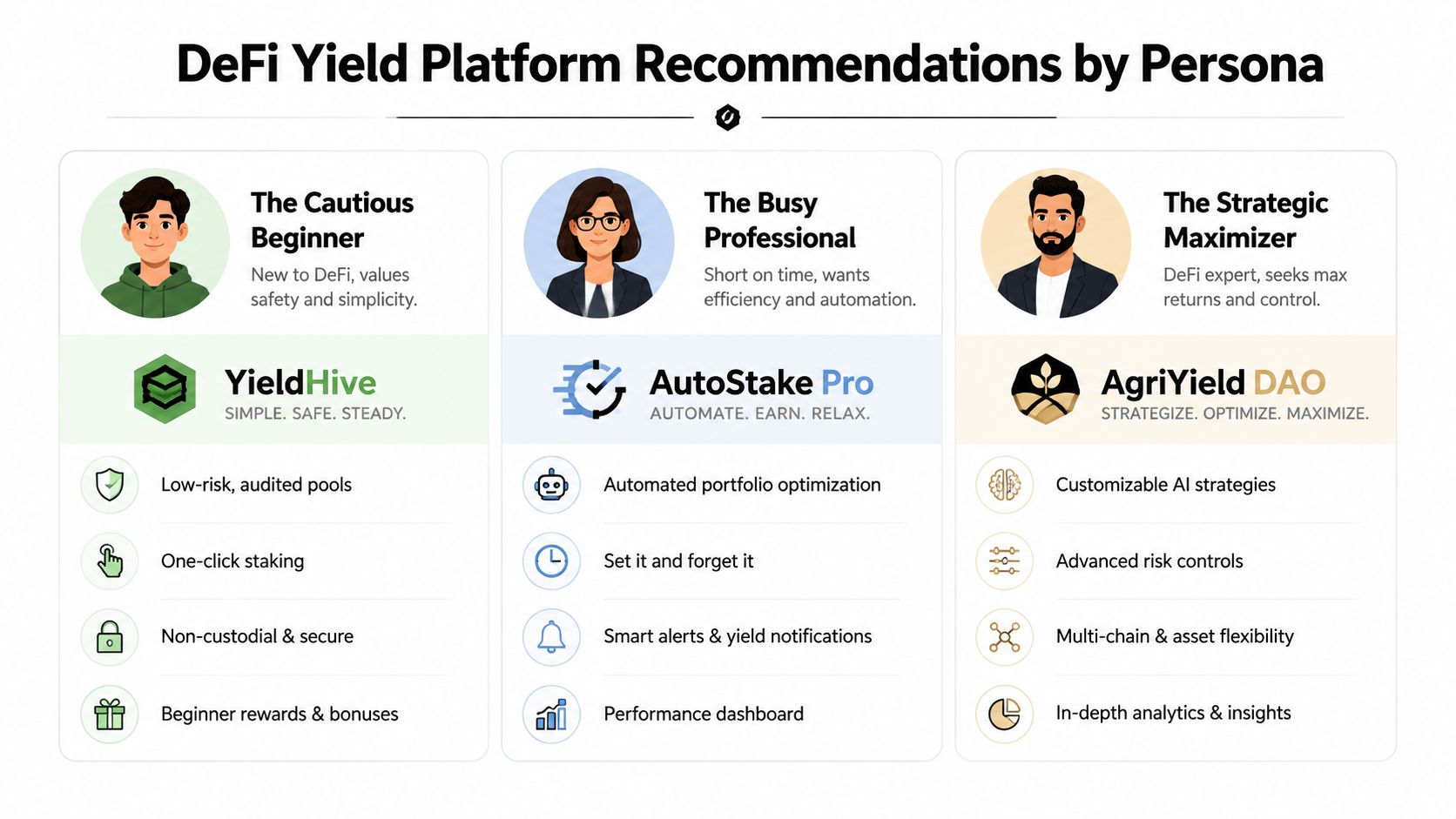 A chart comparing three DeFi yield platforms tailored for different user personas: beginner, professional, and expert.