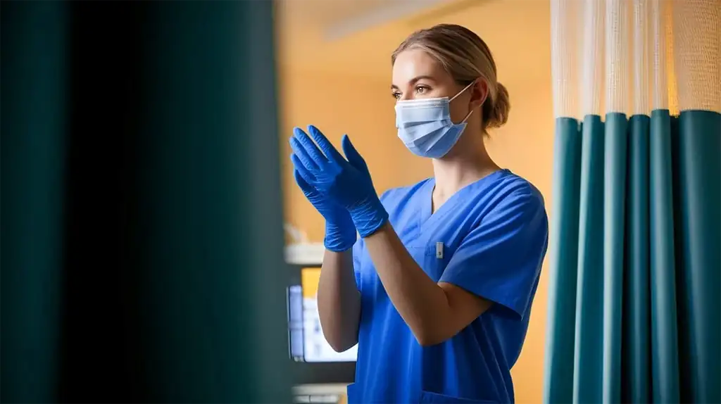 Healthcare worker in blue scrubs adjusting gloves in clinical setting with green curtains and equipment