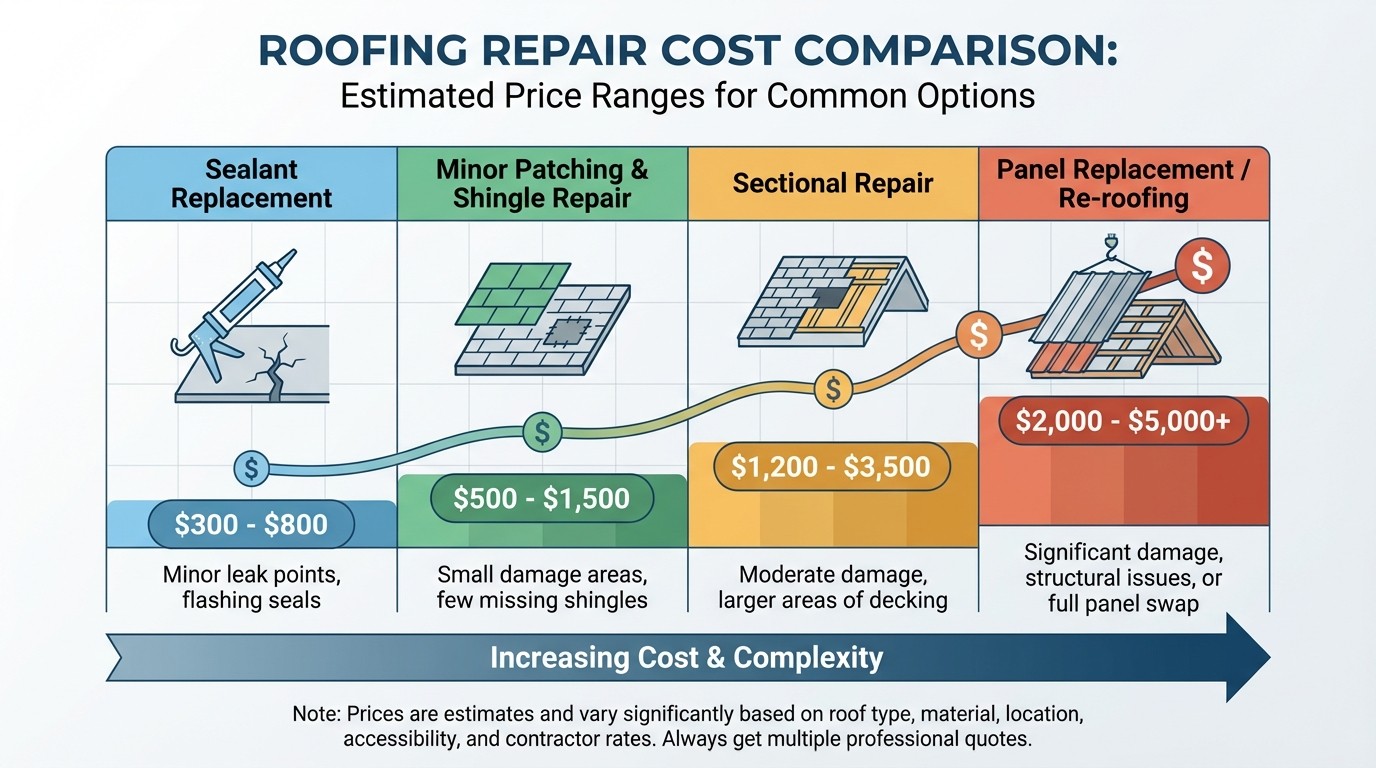 Metal roof leak repair costs comparison showing price ranges by repair type