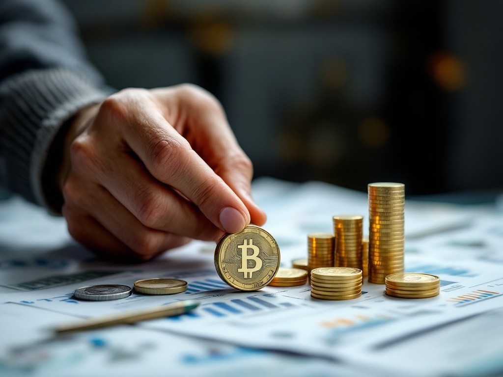 A hand placing a gold Bitcoin coin on a stack of coins representing financial growth.