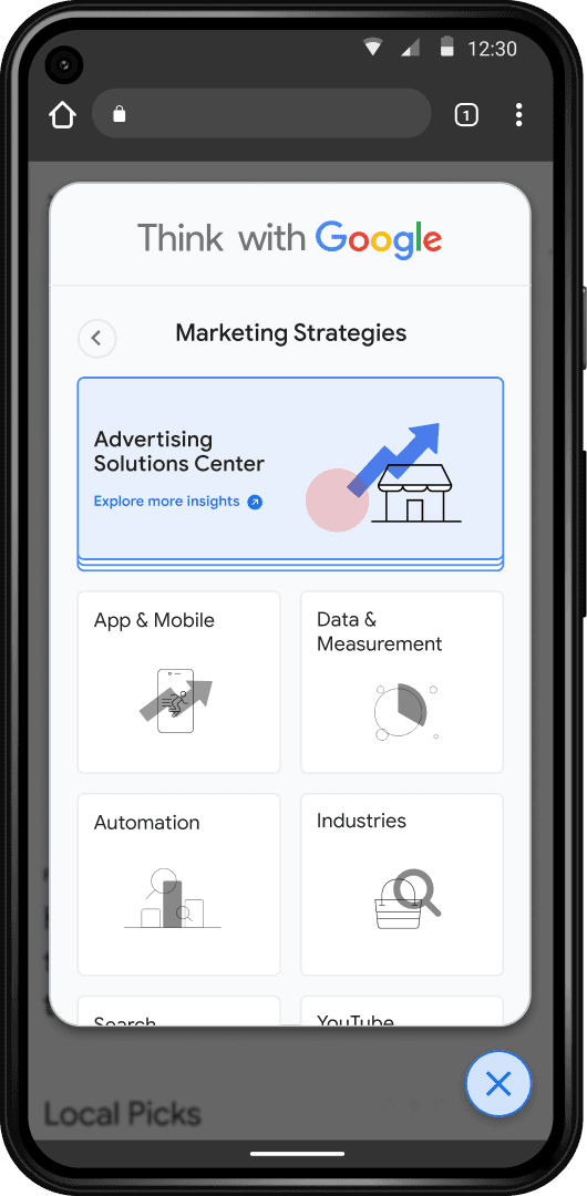Mobile screen display of the Think with Google home page