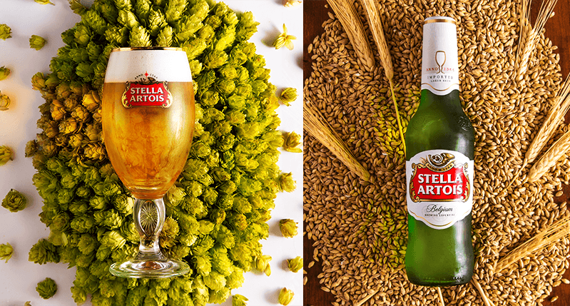 stela arois glass laid on a hop pile, and next it is another photo of a beer bottle laid on a pile of cereals