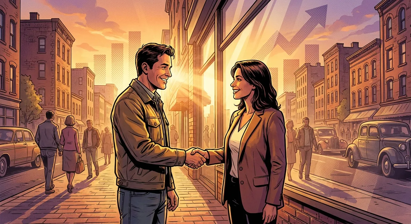 Two people handshake on a street at sunset, symbolizing RockN' Socials' Digital Marketing success.