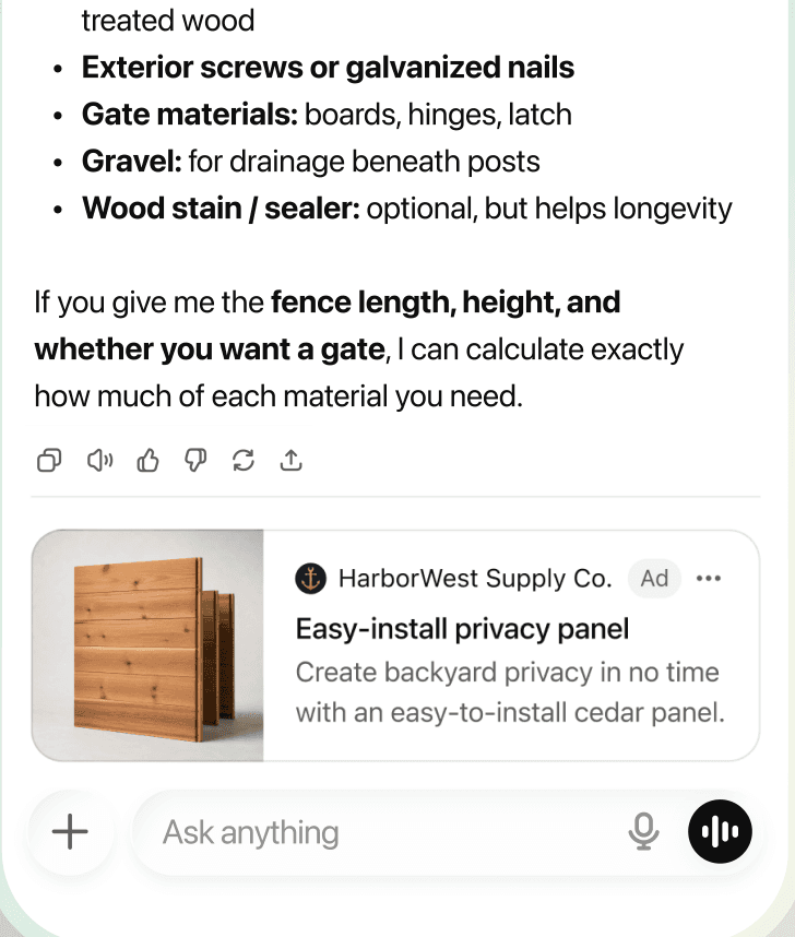 Example of a sponsored product placement displayed within a ChatGPT conversation