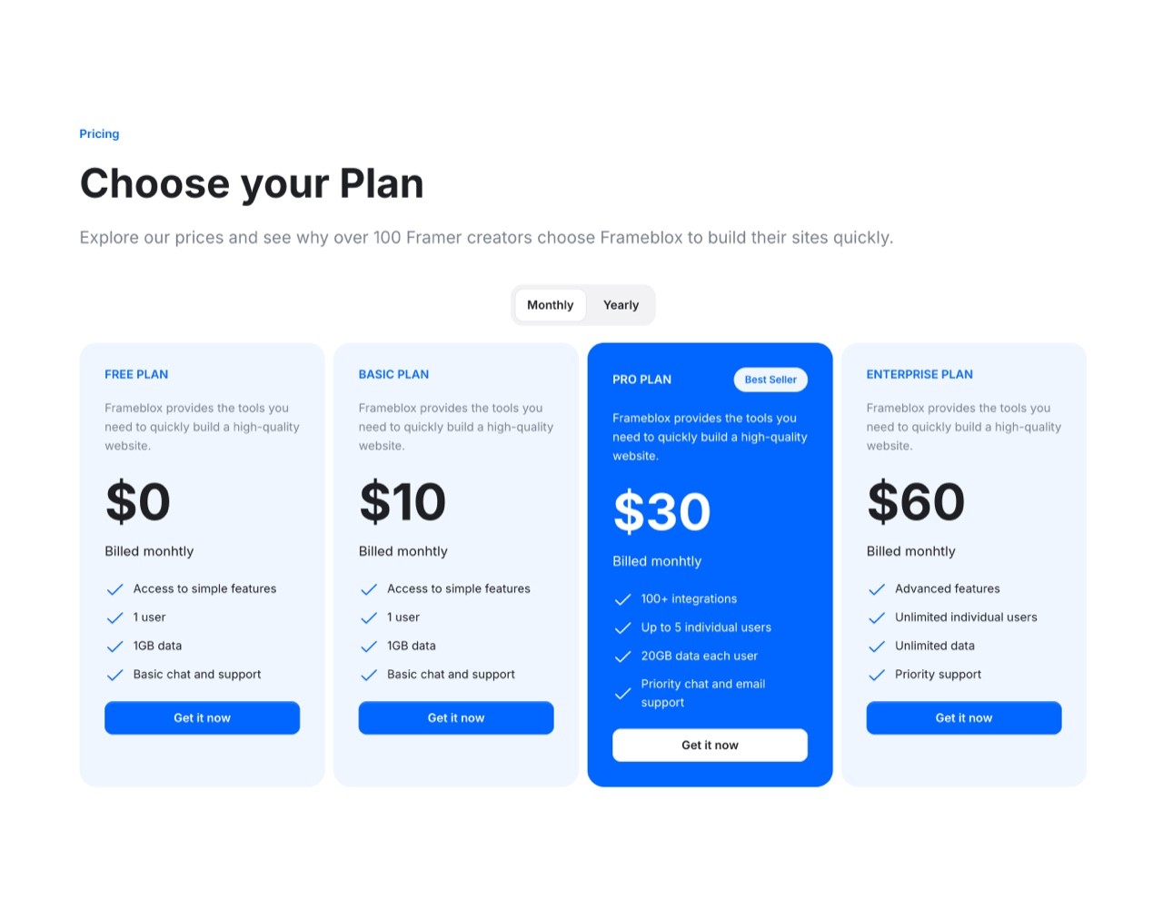 Framer Pricing Section - Frameblox UI