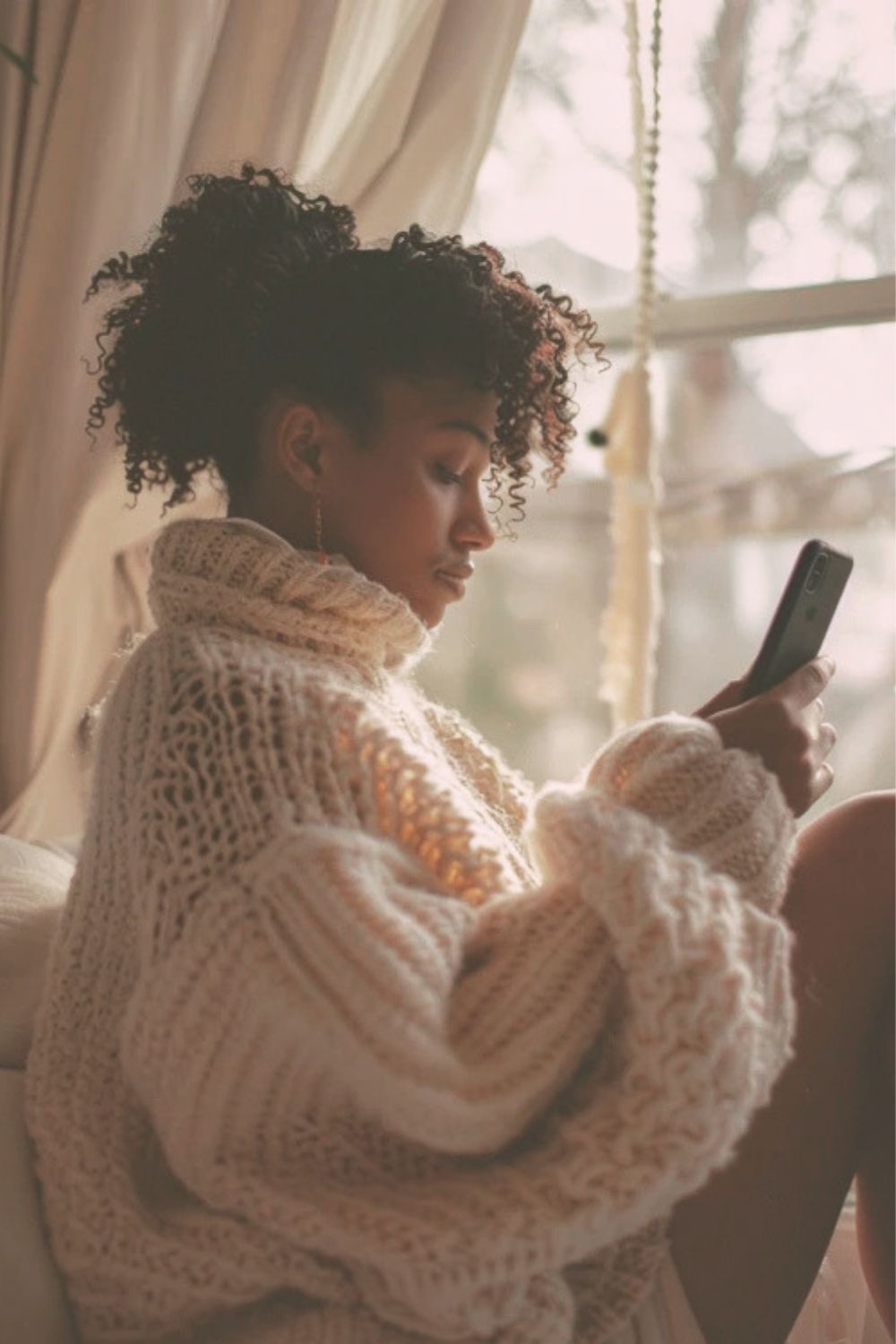 Young mother sitting by the window in soft light, using her phone during a quiet postpartum moment of reflection