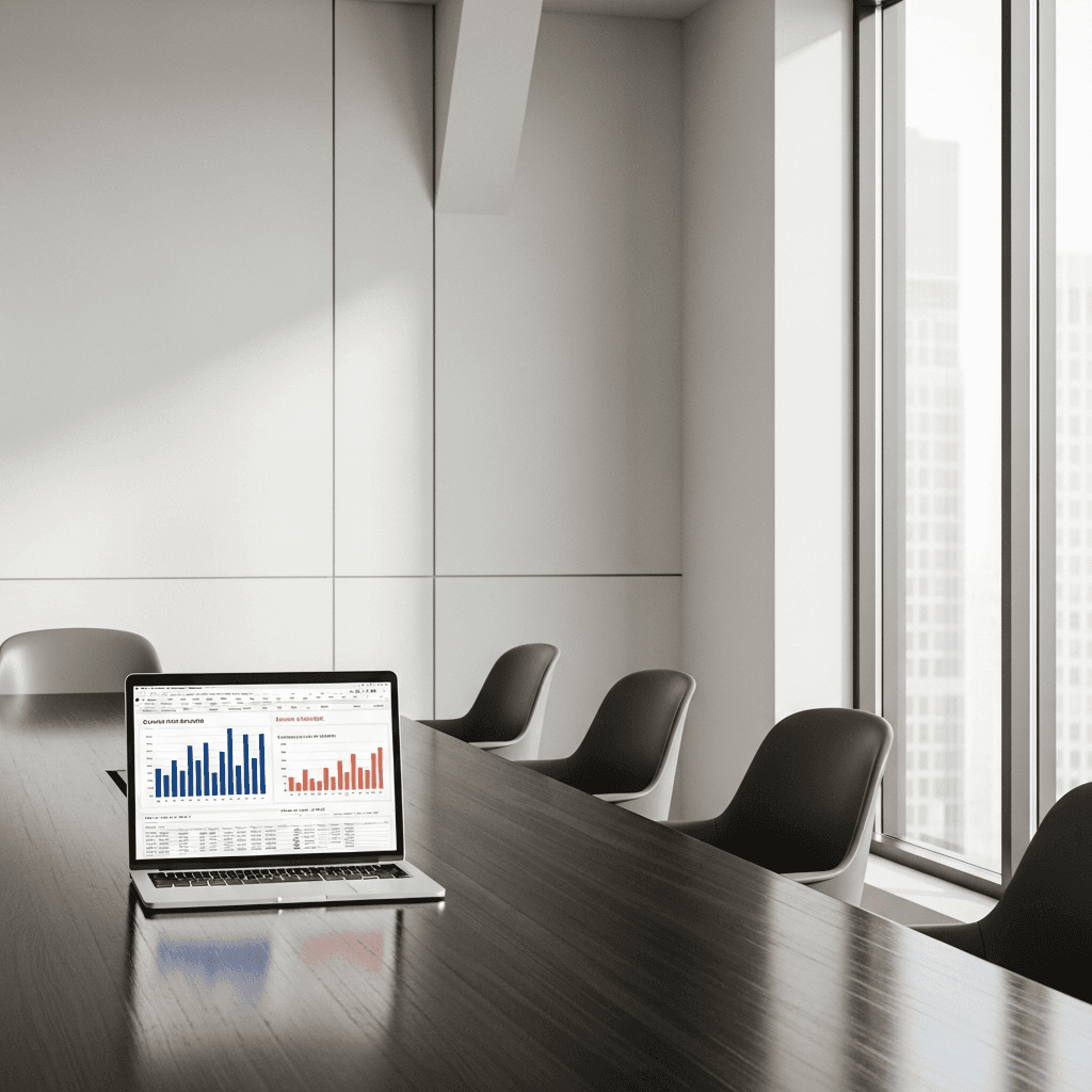 Editorial photograph of a modern, minimalist financial boardroom. A large, dark wood table reflects the soft, natural light from a large window. On the table sits a single open laptop displaying a complex financial spreadsheet with cost-benefit analysis charts. The room is clean and architectural, with a focus on lines and materials. Plenty of negative space in the upper left for text overlay. Aspect ratio 16:9. Brand colors are subtly present in the chart on the screen (#1F3B5B for bars, #E76F51 for highlights) and the muted tones of the room (#F5F2EC walls, #20242B chair frames). No people, no text on walls, photorealistic.