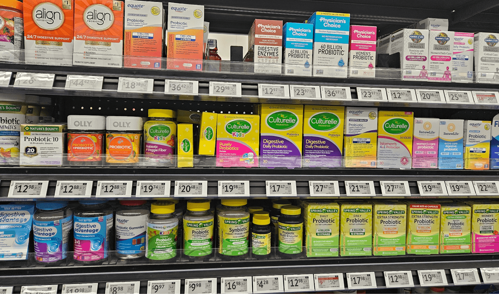 Probiotics products on a drug store shelf