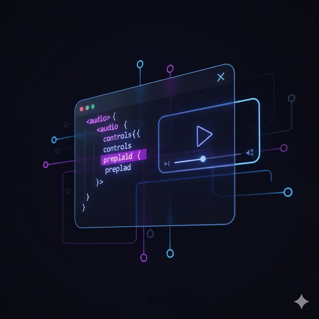 A digital interface displays audio code snippets, including playback controls, on a dark background with colorful graphical elements.